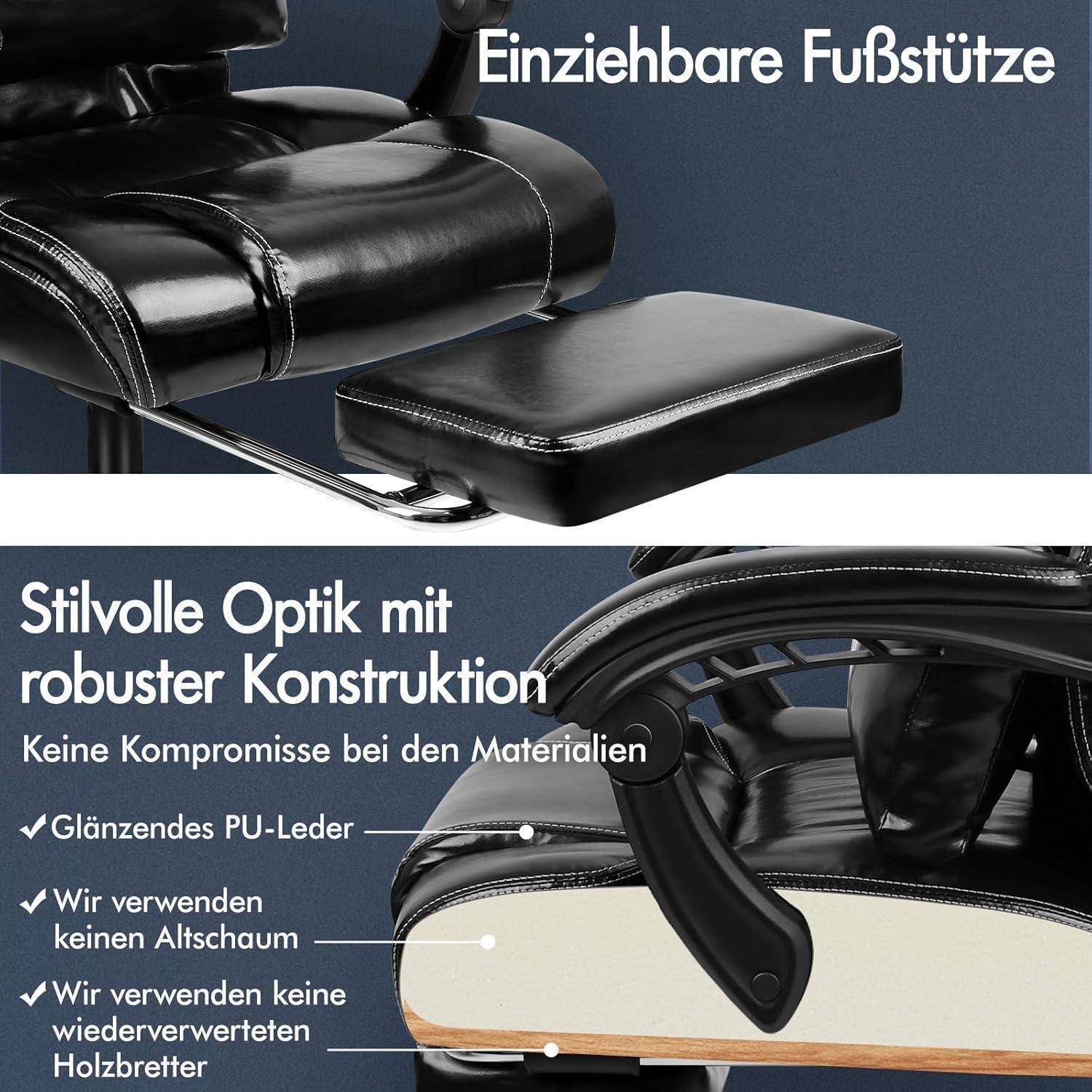Die Bürostuhl-Funktion umfasst eine 'Einziehbare Fußstütze' mit stilvoller Optik und robuster Konstruktion. Der Stuhl ist mit hochwertigem 'PU-Leder' bezogen und nutzt 'Altschaum' für optimalen Sitzkomfort.