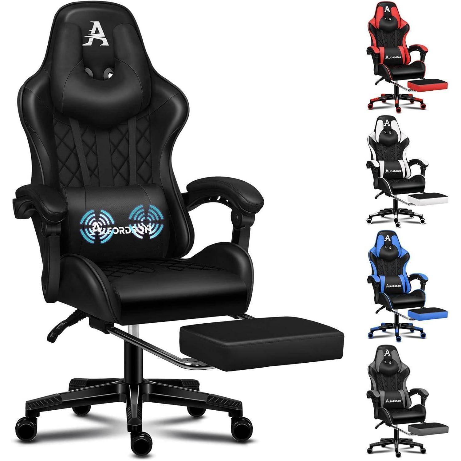 Verstellbarer Gaming-Stuhl mit Fußstütze und Lendenwirbelstütze, erhältlich in den Farben Schwarz, Rot, Weiß und Blau. Perfekt für Gaming oder Bürogebrauch.