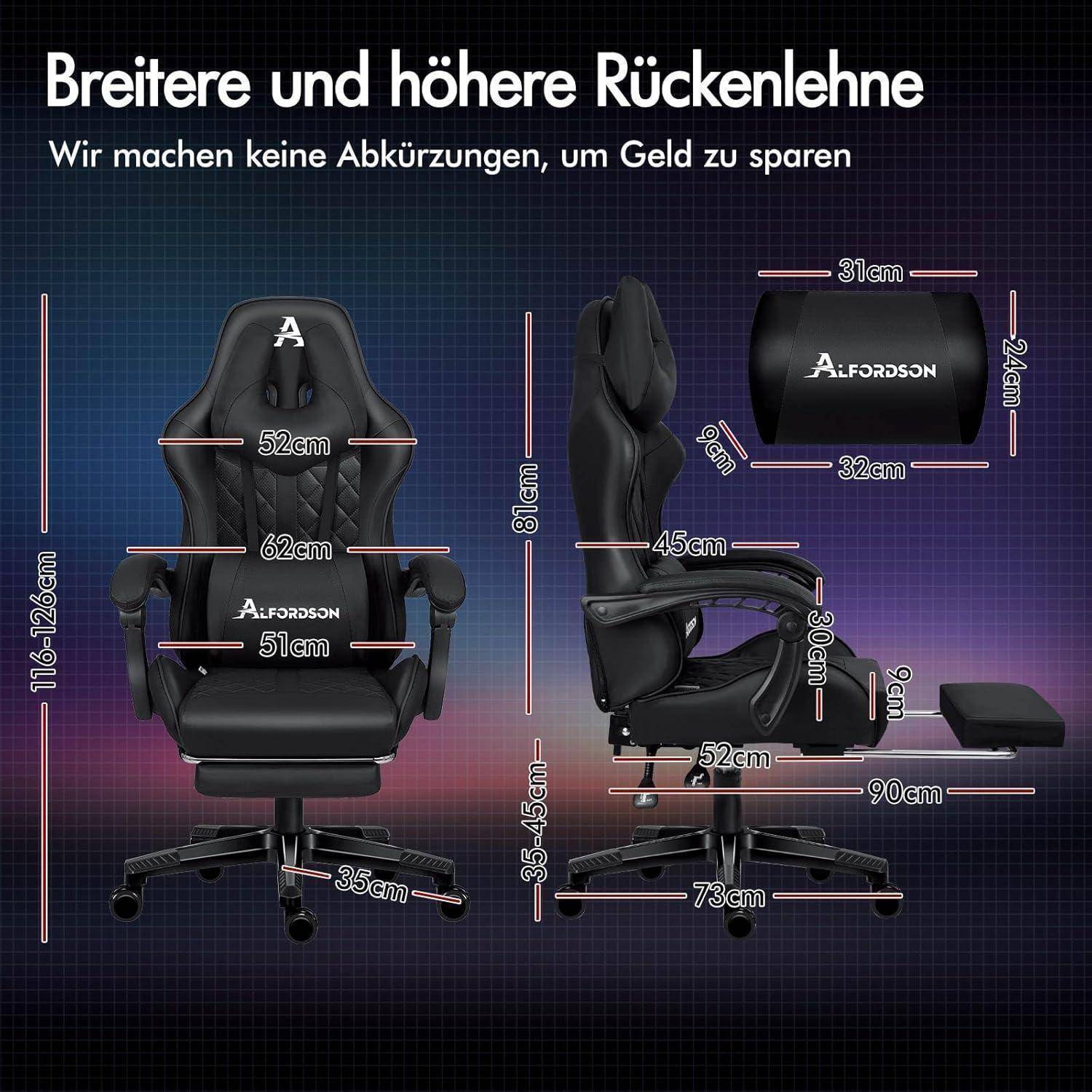 Bild eines schwarzen Gaming-Stuhls mit verstellbarer Höhe und Neigungsfunktion. Die Abmessungen sind in Zentimetern angegeben. Überschrift lautet 'Breitere und höhere Rückenlehne', mit zusätzlichem Text, der besagt, dass keine Abstriche gemacht werden, um Geld zu sparen.