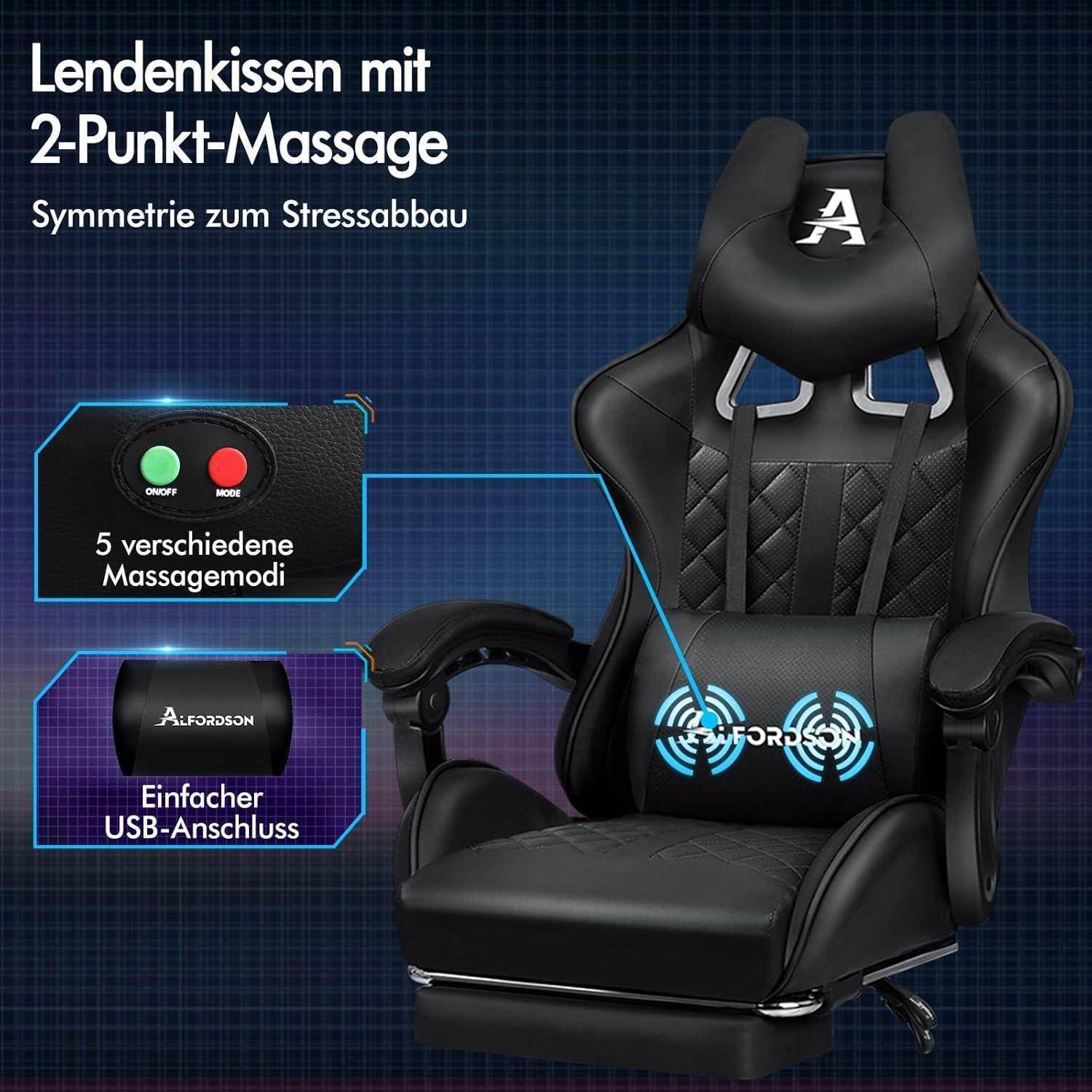 Ein schwarzer Gaming-Stuhl mit Lendenkissen, ausgestattet mit '2-Punkt-Massage'. Texthervorhebungen zeigen '5 verschiedene Massagemodi' und 'Einfacher USB-Anschluss'.