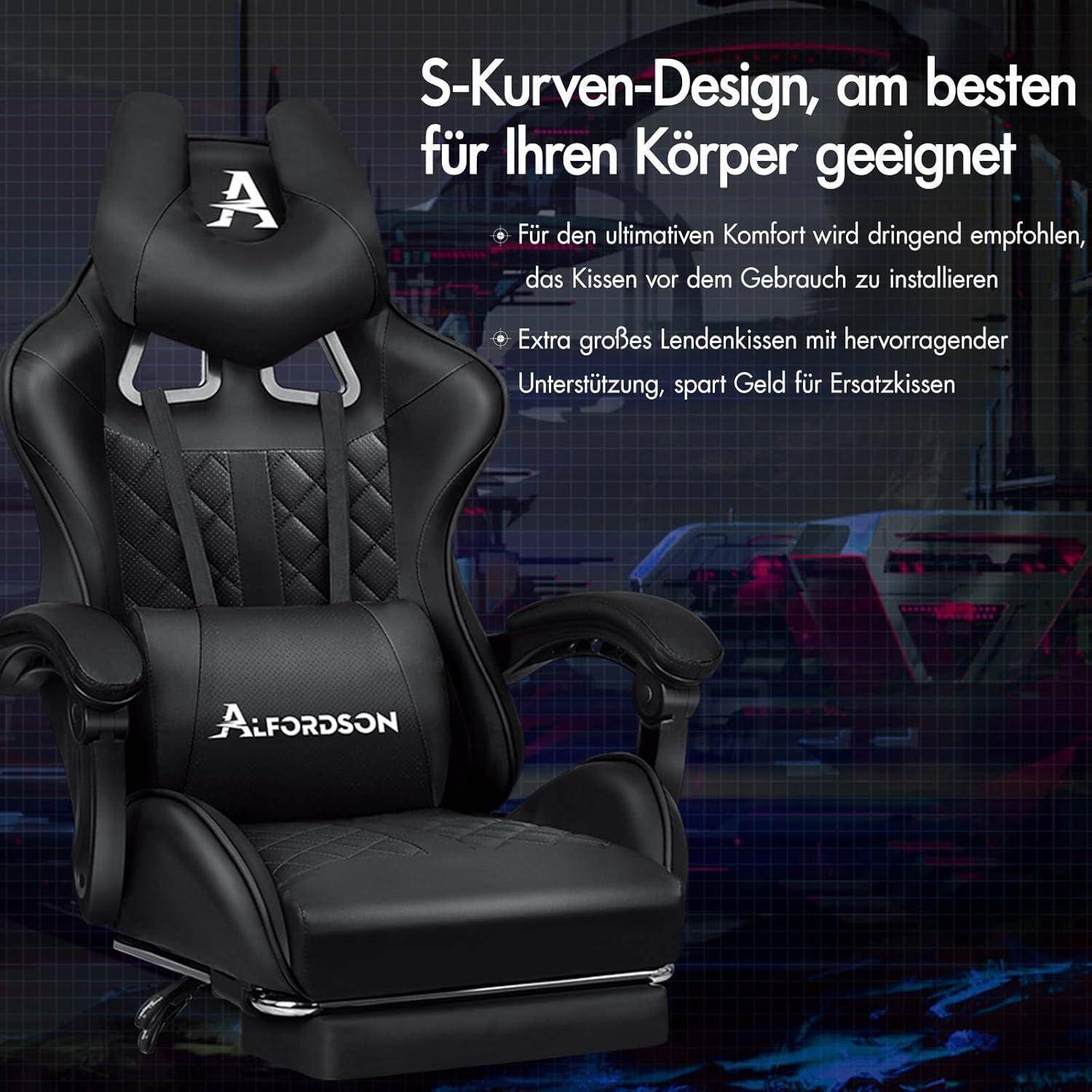 Gamingstuhl mit ergonomischem S-Kurven-Design, schwarz mit gepolsterter Stütze für Komfort.