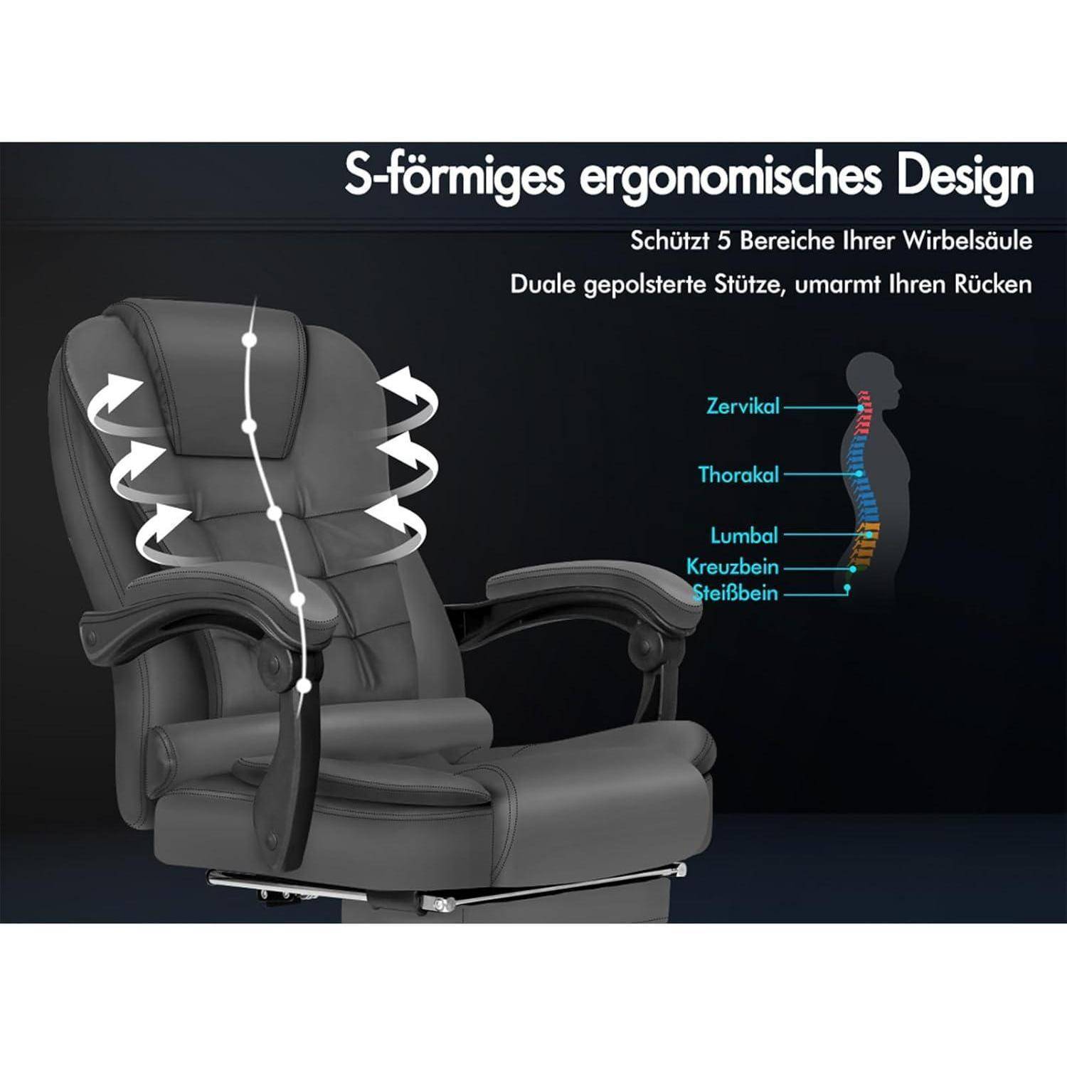 Ergonomischer Stuhl mit S-förmigem ergonomischem Design, der fünf Wirbelsäulenbereiche unterstützt: Halswirbelsäule, Brustwirbelsäule, Lendenwirbelsäule, Kreuzbein und Steißbein.