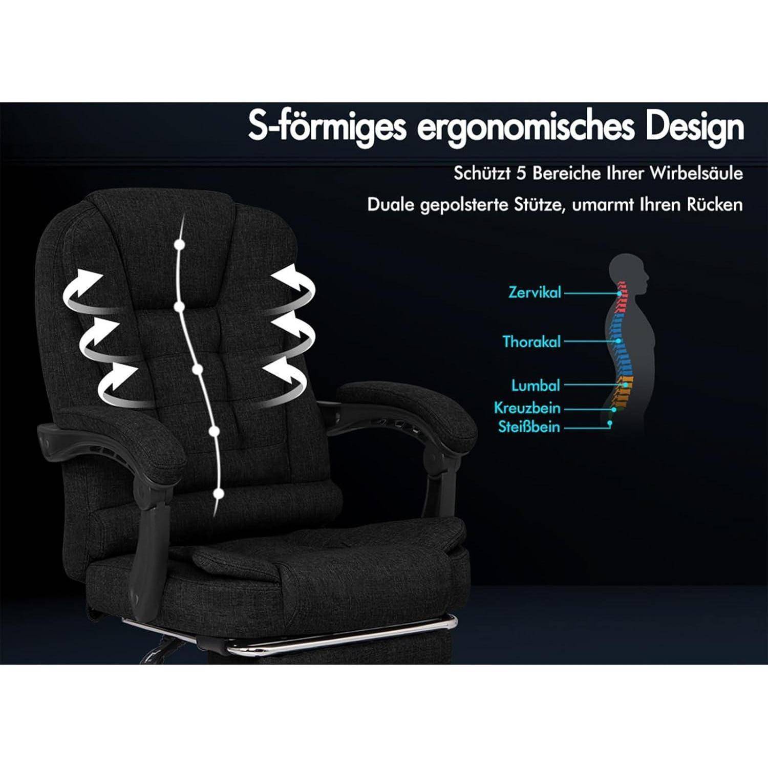 S-förmiges ergonomisches Design-Stuhl mit Pfeilen, die die Wirbelsäulenunterstützungsbereiche anzeigen: Zervikalwirbel, Brustwirbel, Lendenwirbel, Kreuzbein, Steißbein.