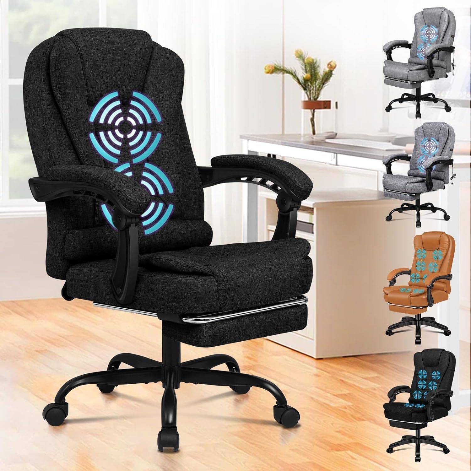 Bürostuhl mit Lendenwirbelstütze und Massagefunktion, ausgestattet mit schwarzer Polsterung, ergonomischem Design und höhenverstellbar. Weitere Farboptionen werden gezeigt.