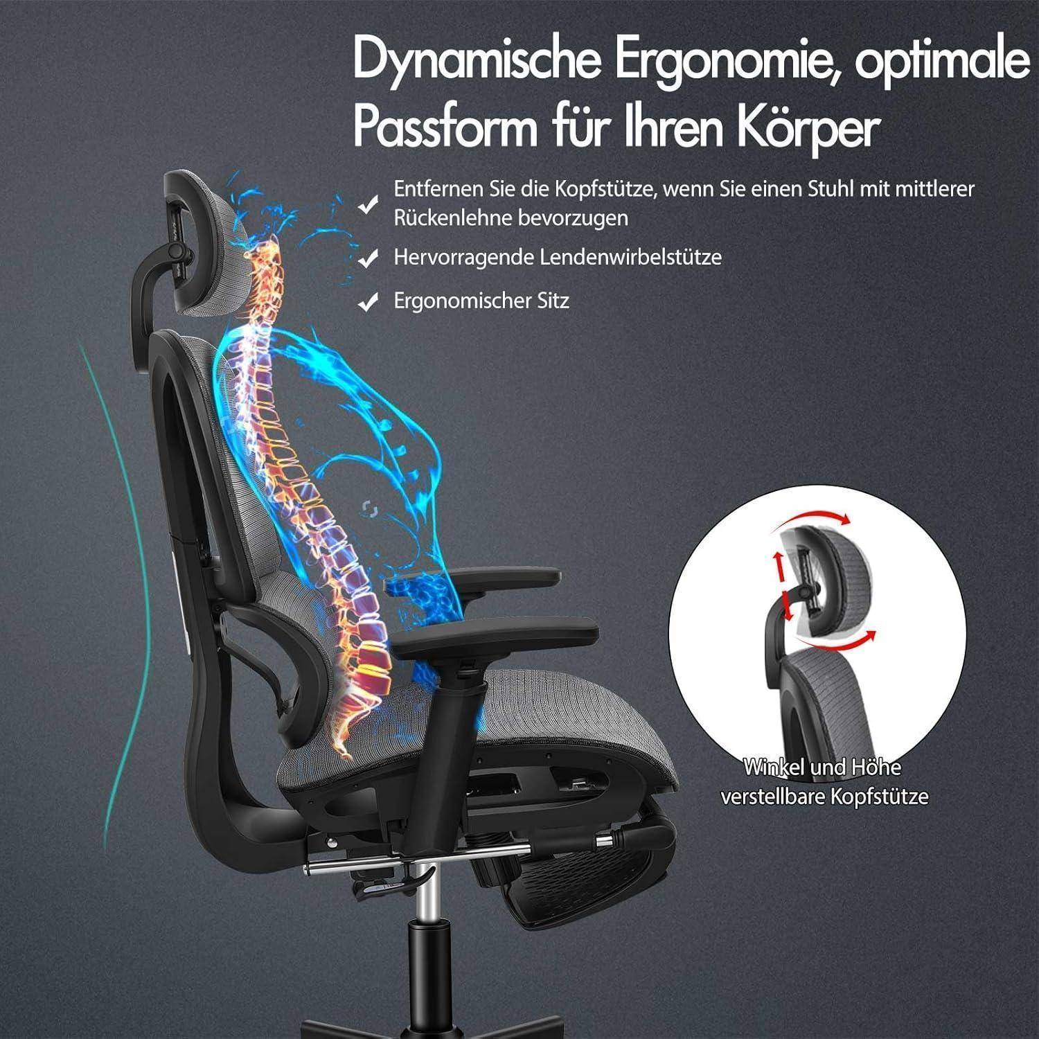 Ergonomischer Bürostuhl mit verstellbarer Kopfstütze und Lendenwirbelstütze für dynamischen Komfort. Schematische Darstellung zeigt Wirbelsäulenausrichtung und betont optimale Passform.