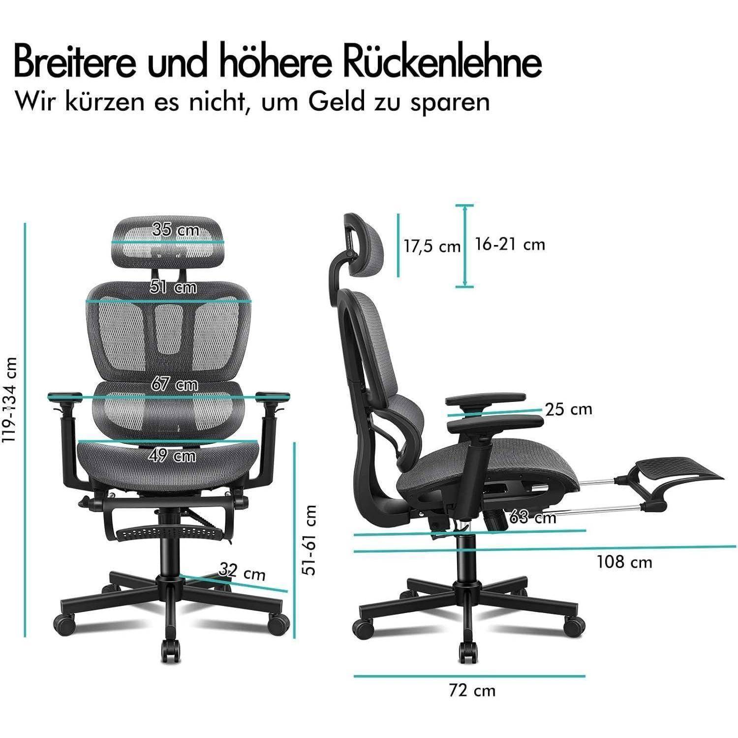 Ergonomischer Bürostuhl mit verstellbarer Unterstützung. Maße: Sitzhöhe 51-61 cm, Rückenlehne 119-134 cm, Sitzbreite 52 cm, Fußstütze 43 cm.
