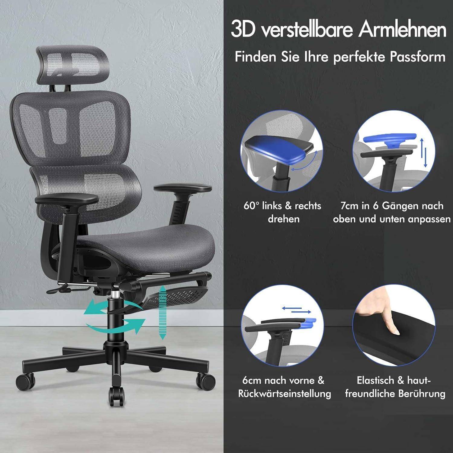 Ergonomischer Bürostuhl mit verstellbaren Armlehnen, der eine verstellbare Höhe, Vor- und Zurückbewegung sowie Drehbarkeit für maximalen Komfort demonstriert.