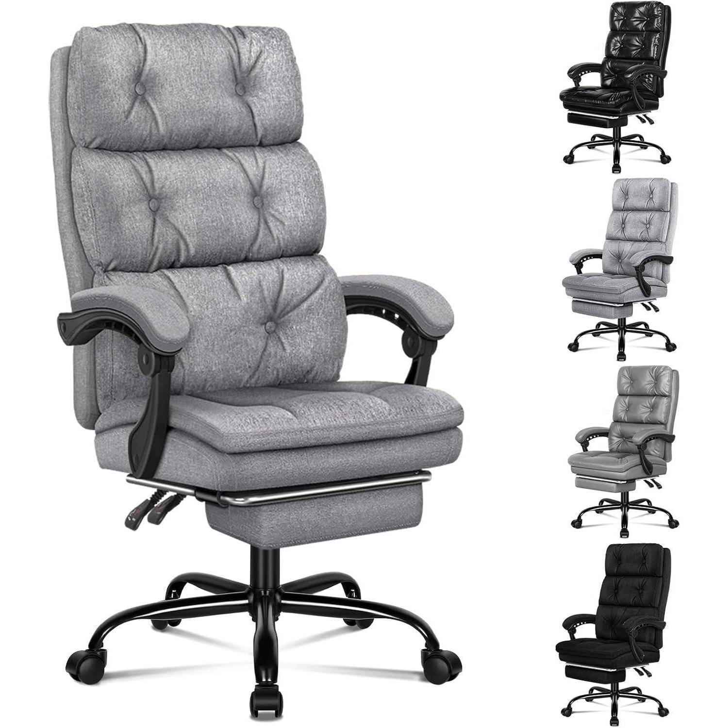 Ergonomischer Bürostuhl mit dicken grauen Polstern und verstellbaren Funktionen, in fünf Farbvariationen dargestellt.