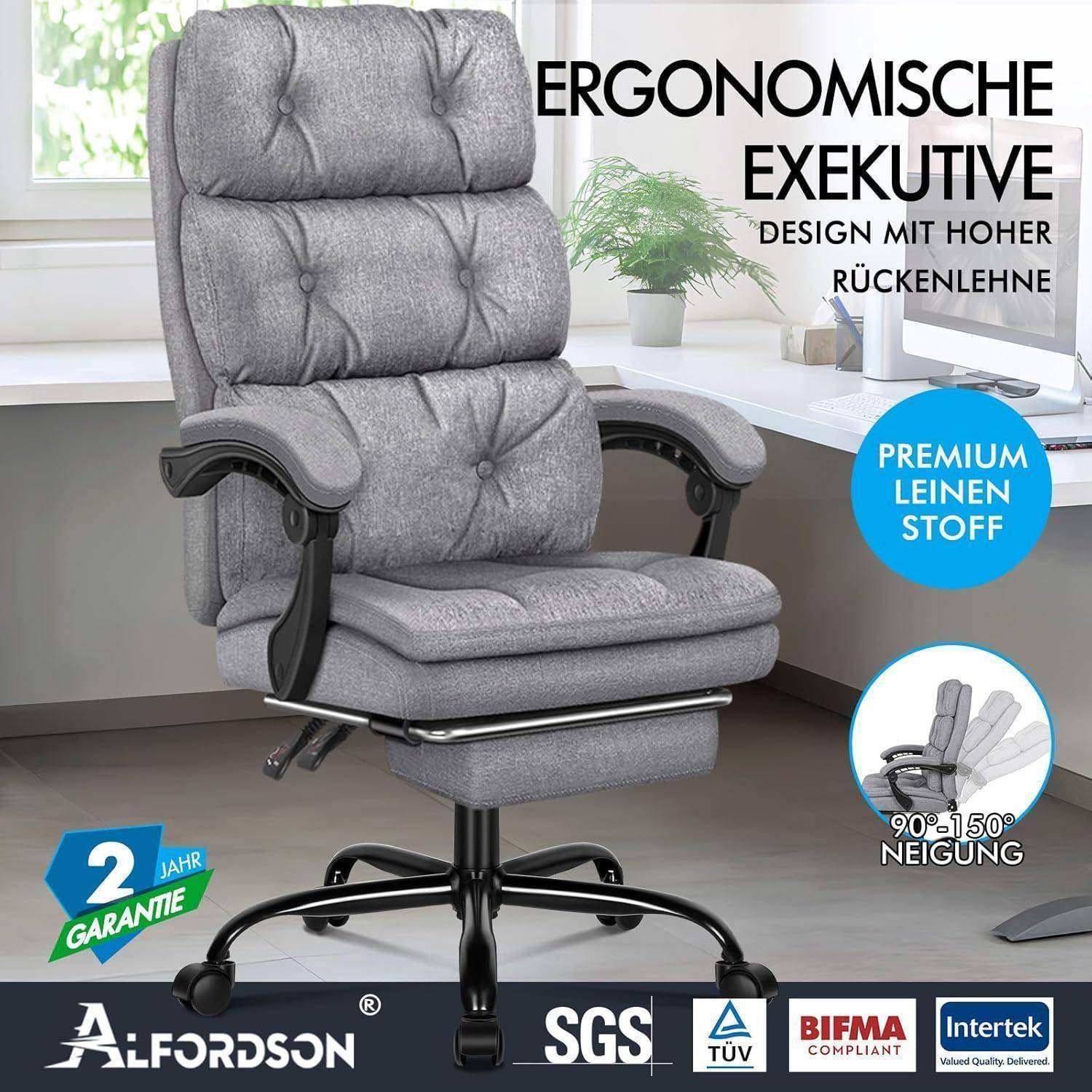 Grauer Bürostuhl für Führungskräfte mit ergonomischer Rückenlehne, bezogen mit Leinenstoff, mit verstellbarer Neigung von 90° bis 135° und integriertem Fußstütze.