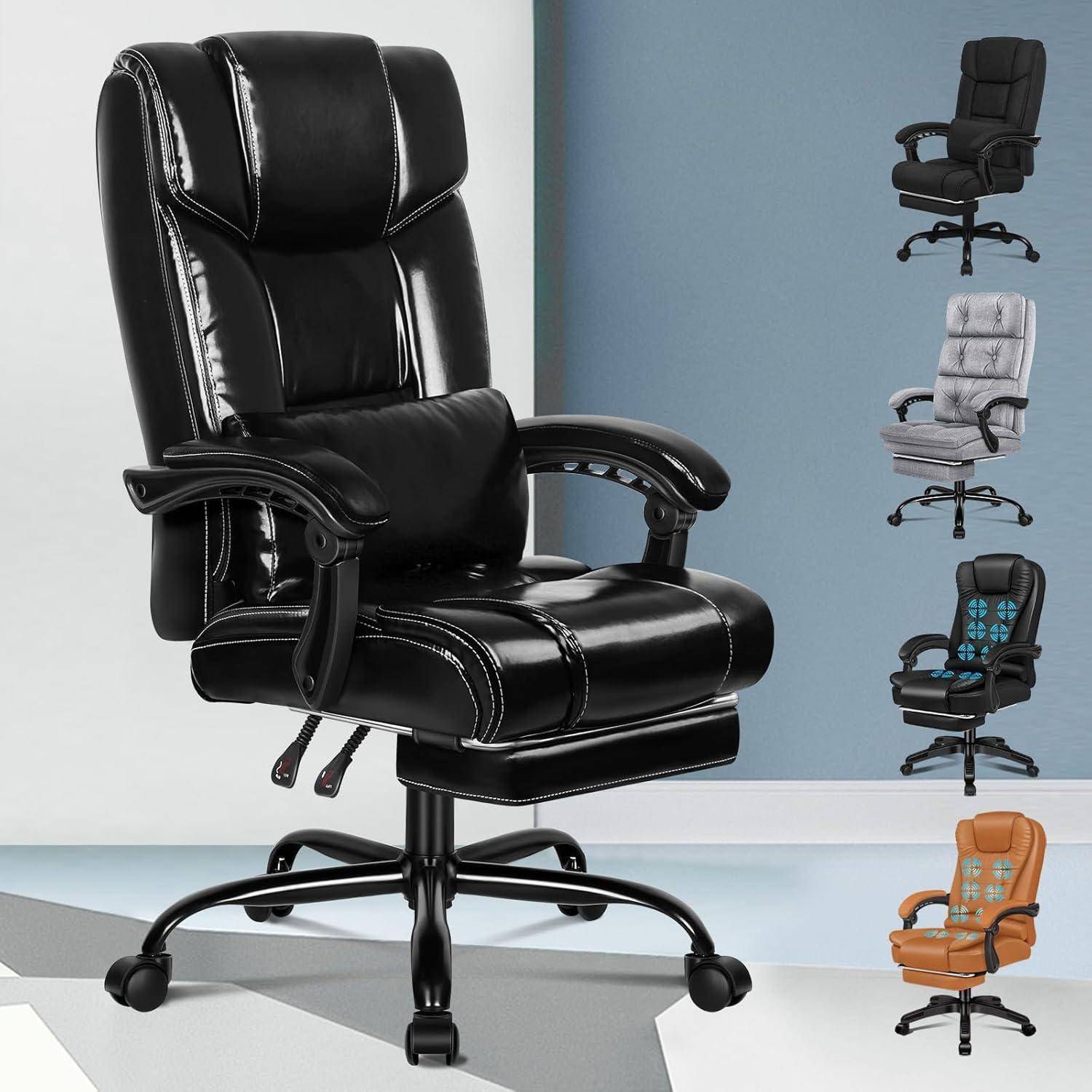 Eine Auswahl von fünf Bürostühlen in verschiedenen Farben, die Merkmale wie Drehgestell und ergonomisches Design für bequemes Sitzen präsentieren.