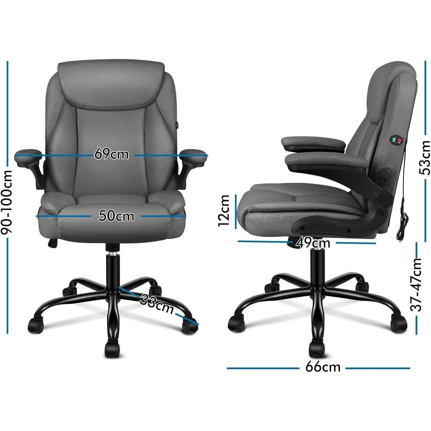 Das Bild zeigt einen schwarzen Bürostuhl mit beschrifteten Abmessungen: Höhe 90-100 cm, Sitzbreite 50 cm, Tiefe 49 cm, Armlehnen-Höhe 12 cm.