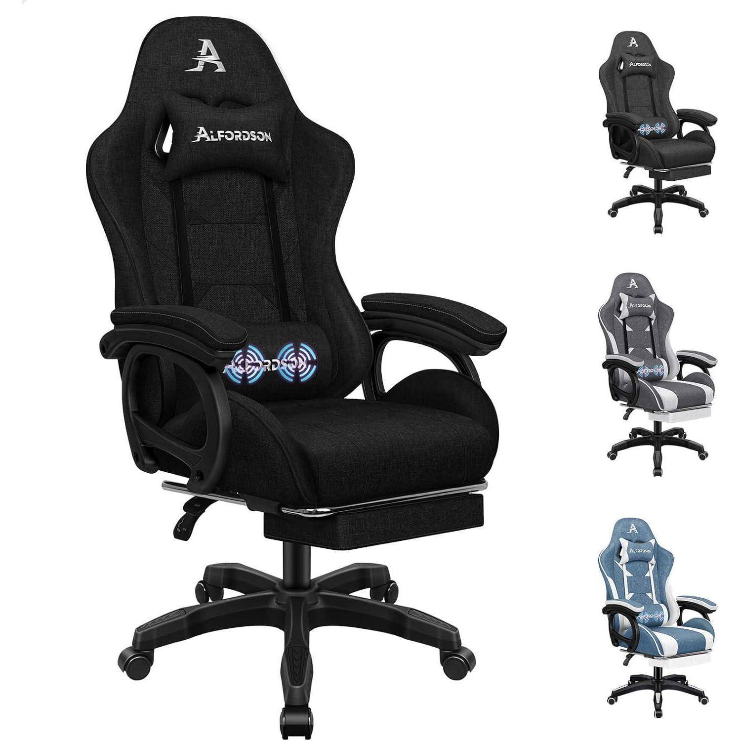 Schwarzer Gaming-Stuhl mit ergonomischem Design, Lendenwirbelstütze und verstellbaren Armlehnen. Drei kleinere Bilder zeigen Stuhlvariationen in Schwarz/Weiß und Blau/Weiß.