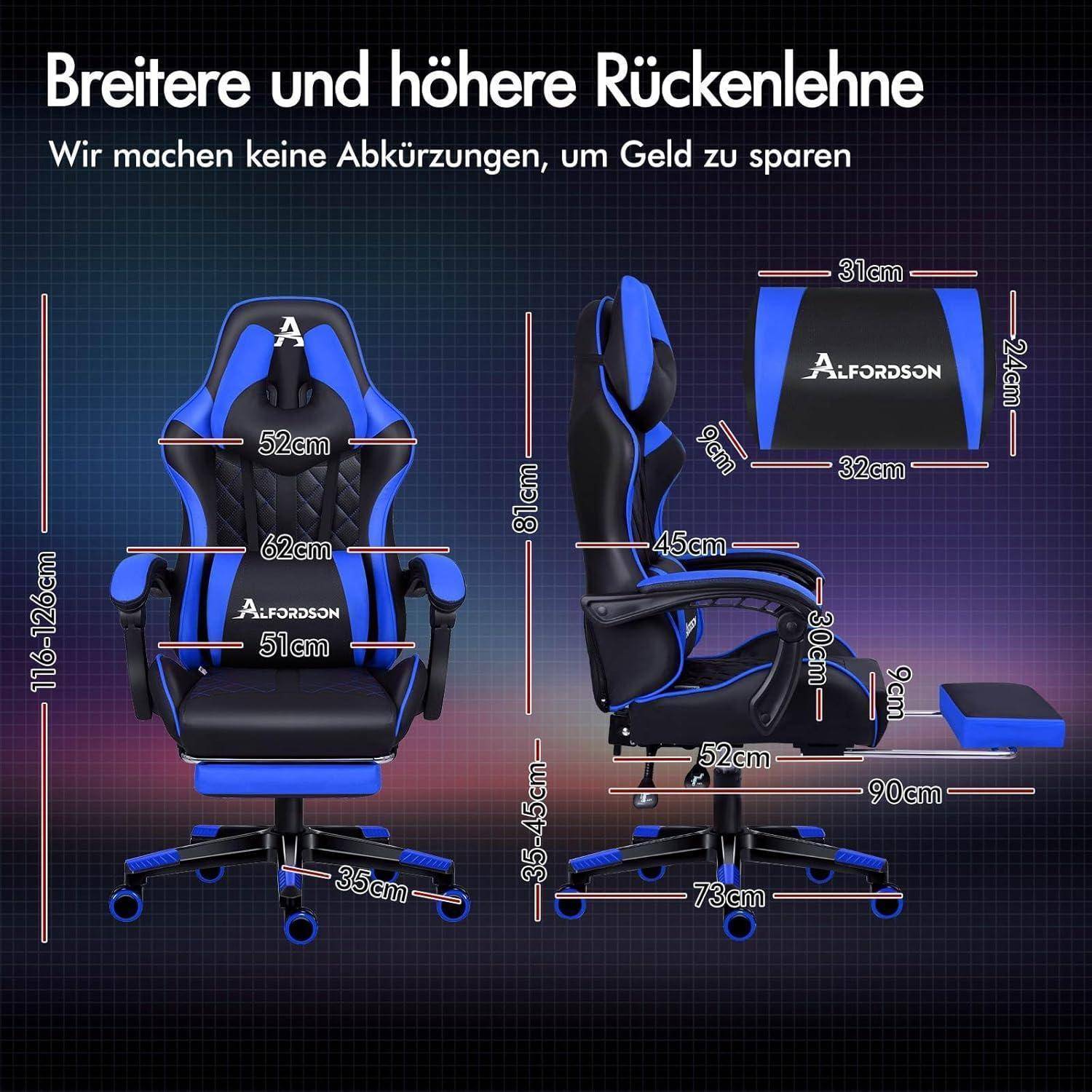 Breitere und höhere Rückenlehne.' Blauer und schwarzer Gaming-Stuhl mit detaillierten Maßangaben. Zu den Merkmalen gehören eine breitere, höhere Rückenlehne für erhöhten Komfort.