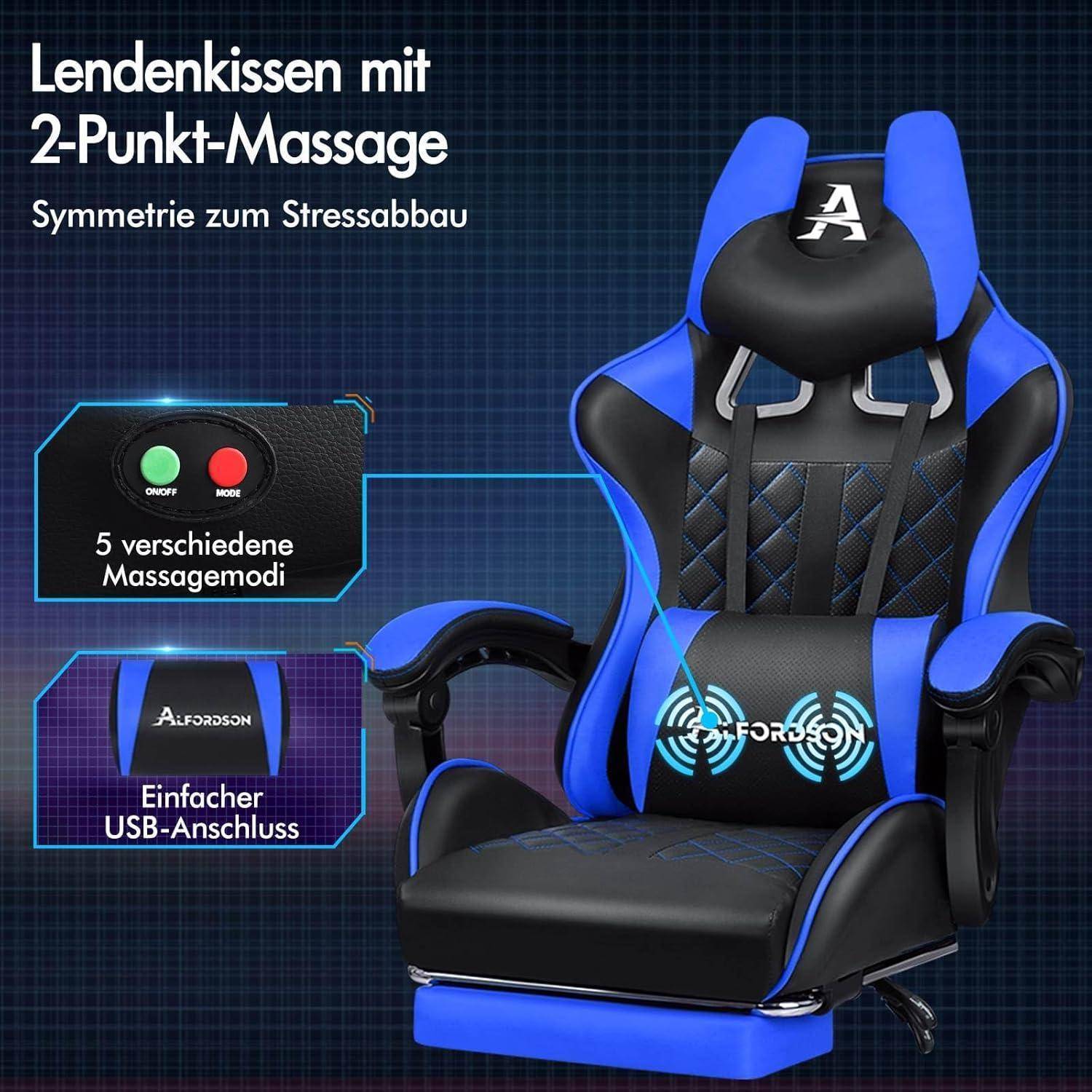 Blauer und schwarzer Gaming-Stuhl mit Lordosenkissen, 2-Punkt-Massagefunktion. Inklusive USB-Anschluss und fünf Massagemodi zur Stressreduzierung.