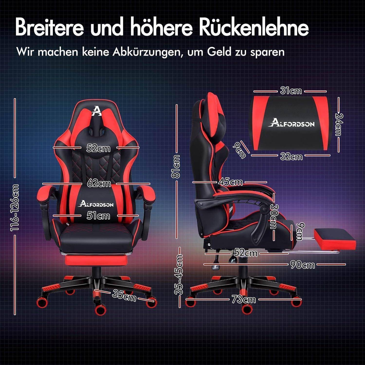 Gaming-Stuhl mit Maßen: Rückenlehne Höhe 81 cm, Breite 52 cm; Sitzbreite 52 cm, Tiefe 51 cm; Gesamthöhe 116-126 cm; in den Farben Schwarz und Rot.