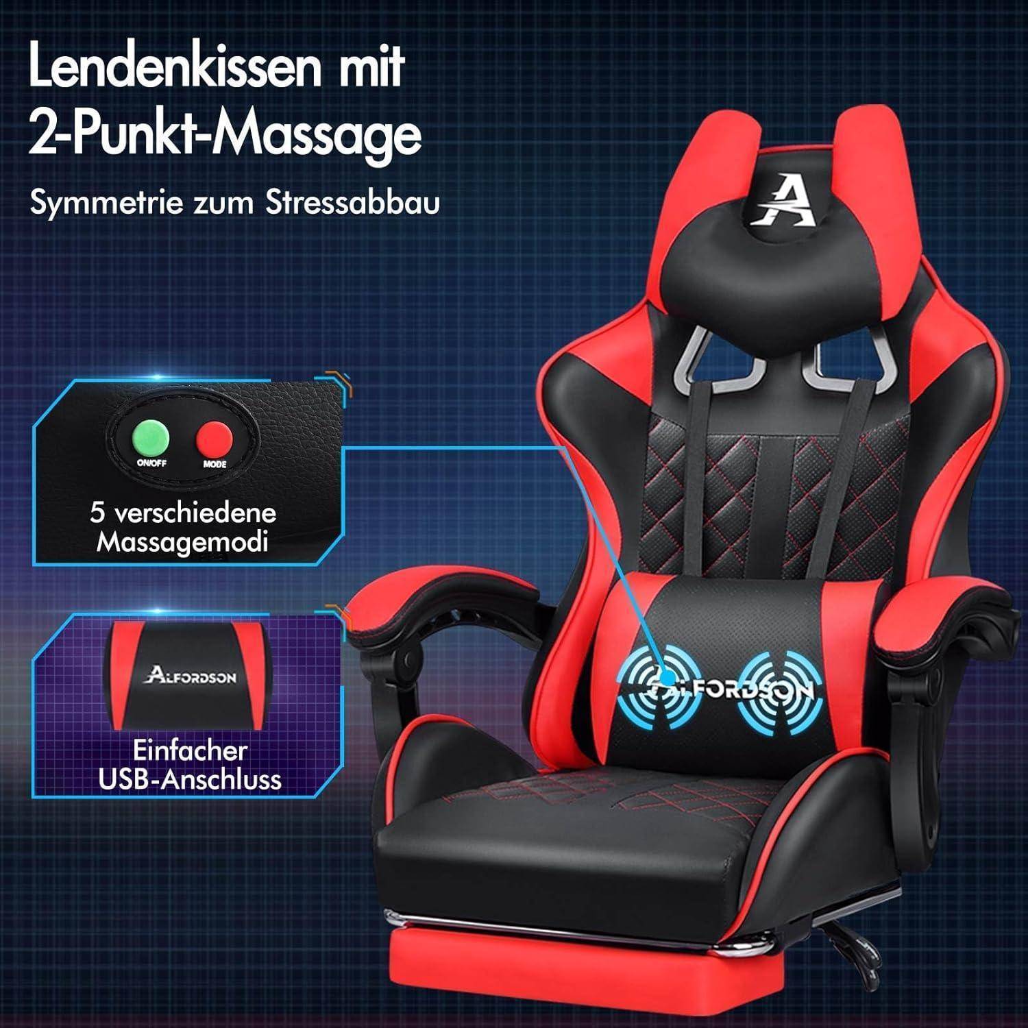Ein rot-schwarzer Massagesessel mit Lendenkissen, ausgestattet mit Zweipunkt-Massage, fünf Betriebsmodi und einfacher USB-Verbindung zur Stressreduzierung.