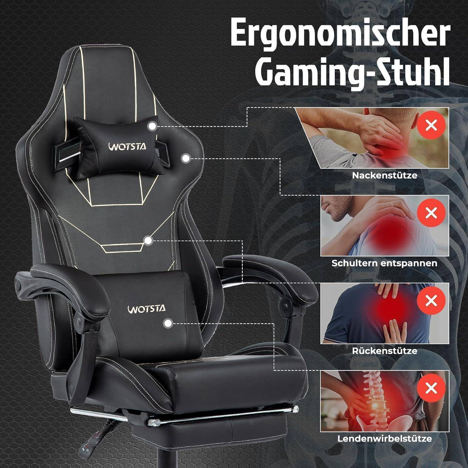 Gaming Stuhl Ergonomisch mit Fußstütze Racing Computerstuhl Schwarz