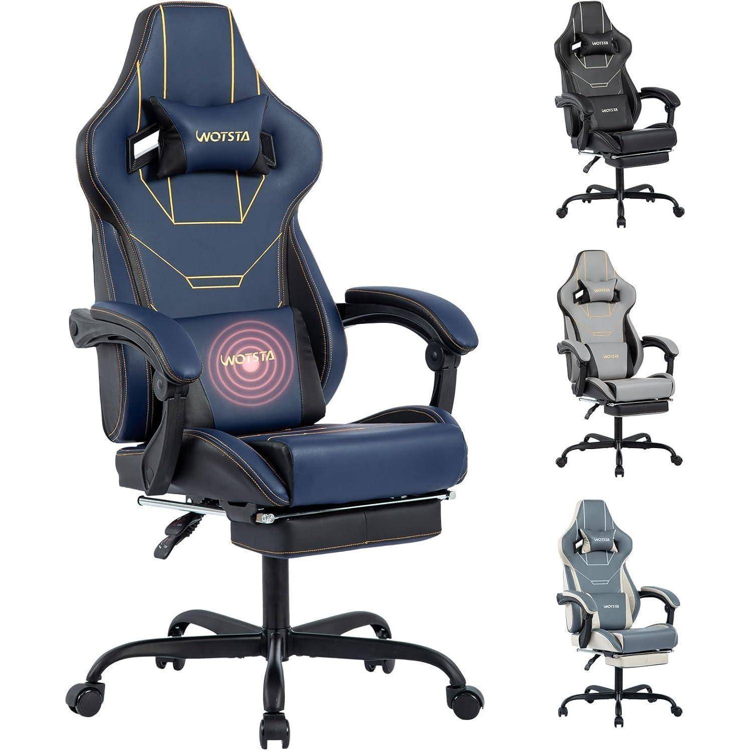 Ergonomischer Gaming-Stuhl mit Fußstütze und Massage-Lendenkissen