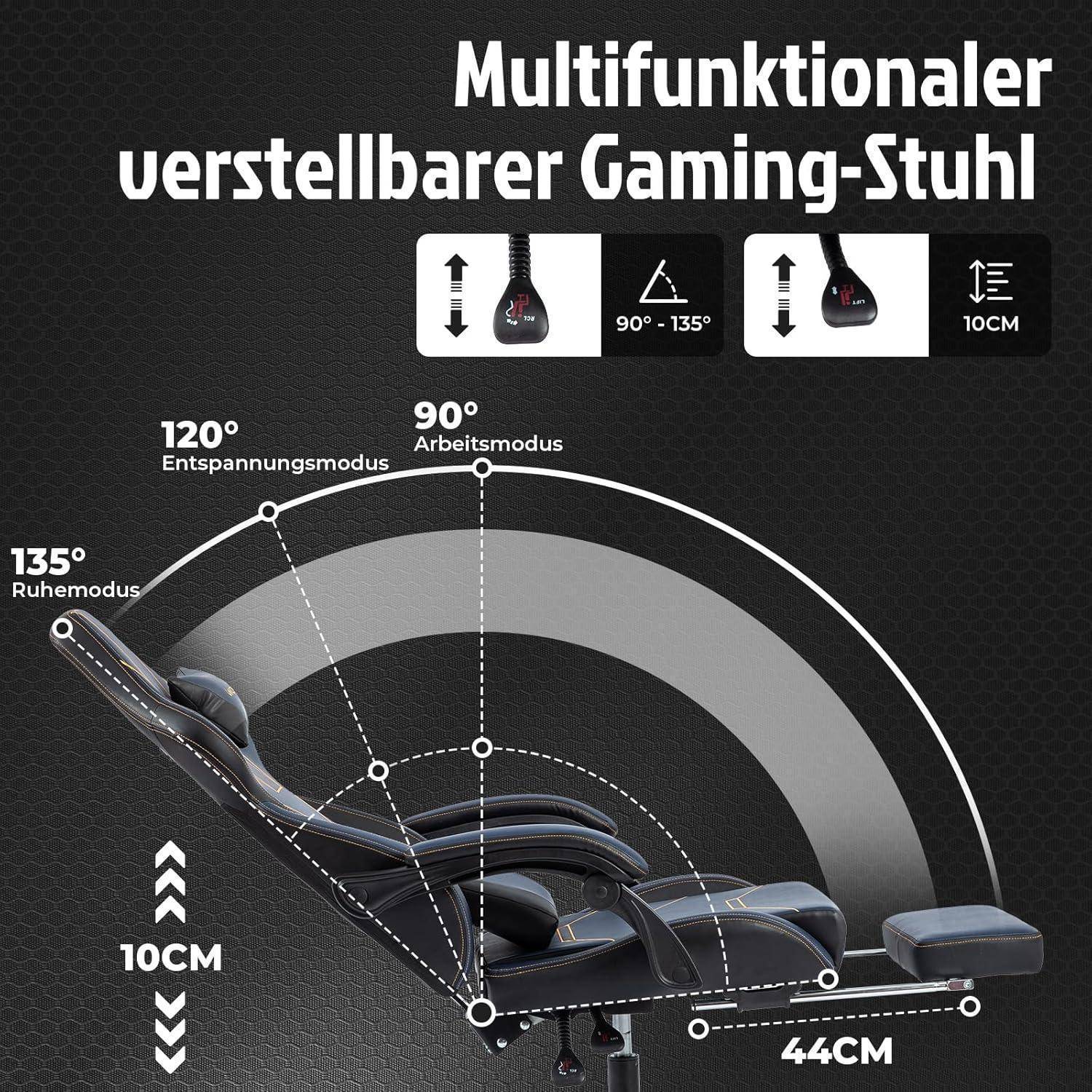 Ergonomischer Gaming-Stuhl mit Fußstütze und Massage-Lendenkissen
