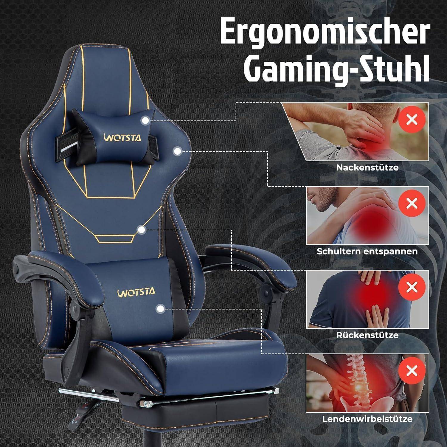 Ergonomischer Gaming-Stuhl mit Fußstütze und Massage-Lendenkissen
