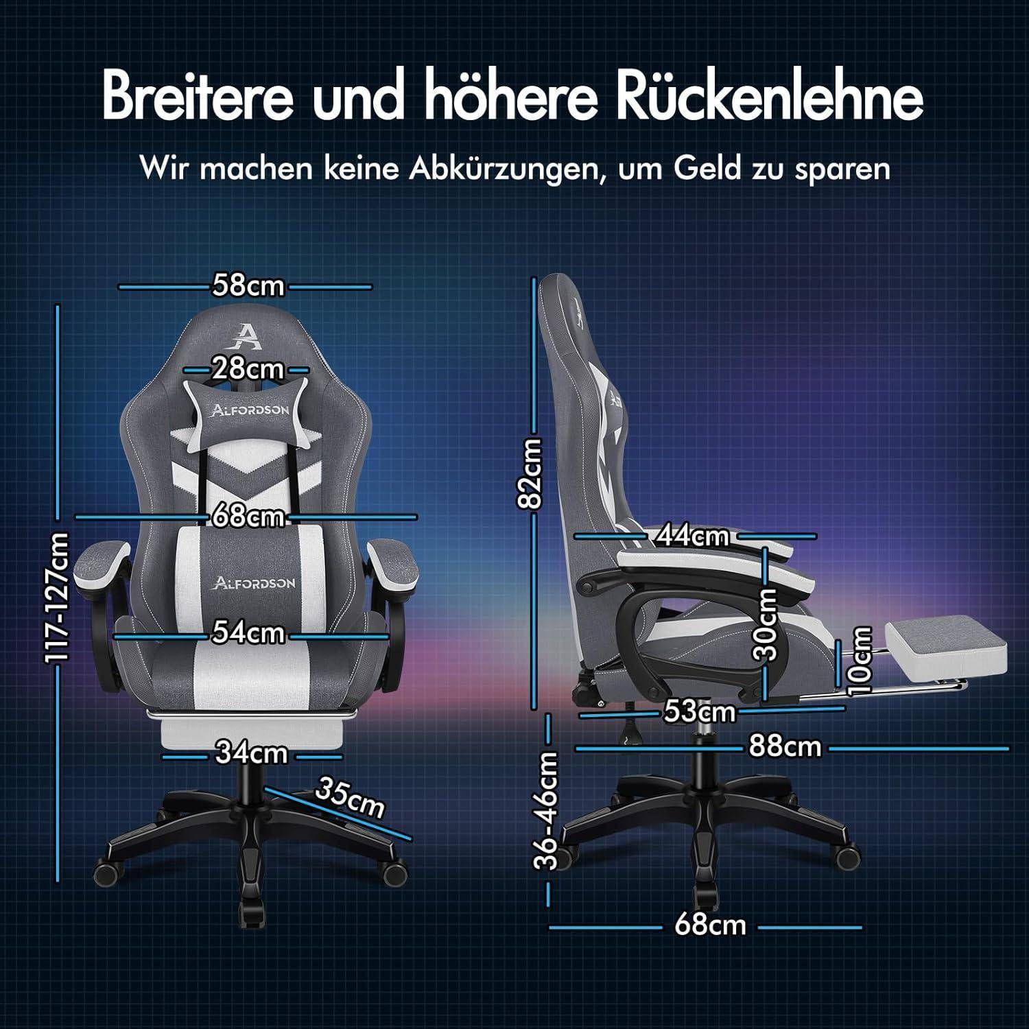 Zwei Gaming-Stühle mit Maßangaben: Rückenlehne 82 cm hoch, Sitz 34-46 cm höhenverstellbar, 68 cm breit, 53 cm tief.