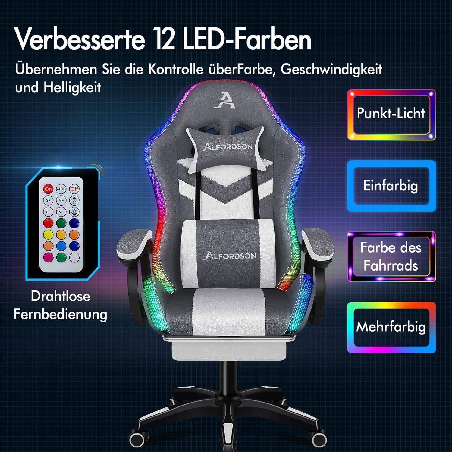 Gaming-Stuhl mit verbesserten 12 LED-Farben, Fernbedienung für Farbe, Geschwindigkeit und Helligkeit. Funktionen wie Punktlicht, Vollfarbe, Radfarbe, Multicolor-Optionen.