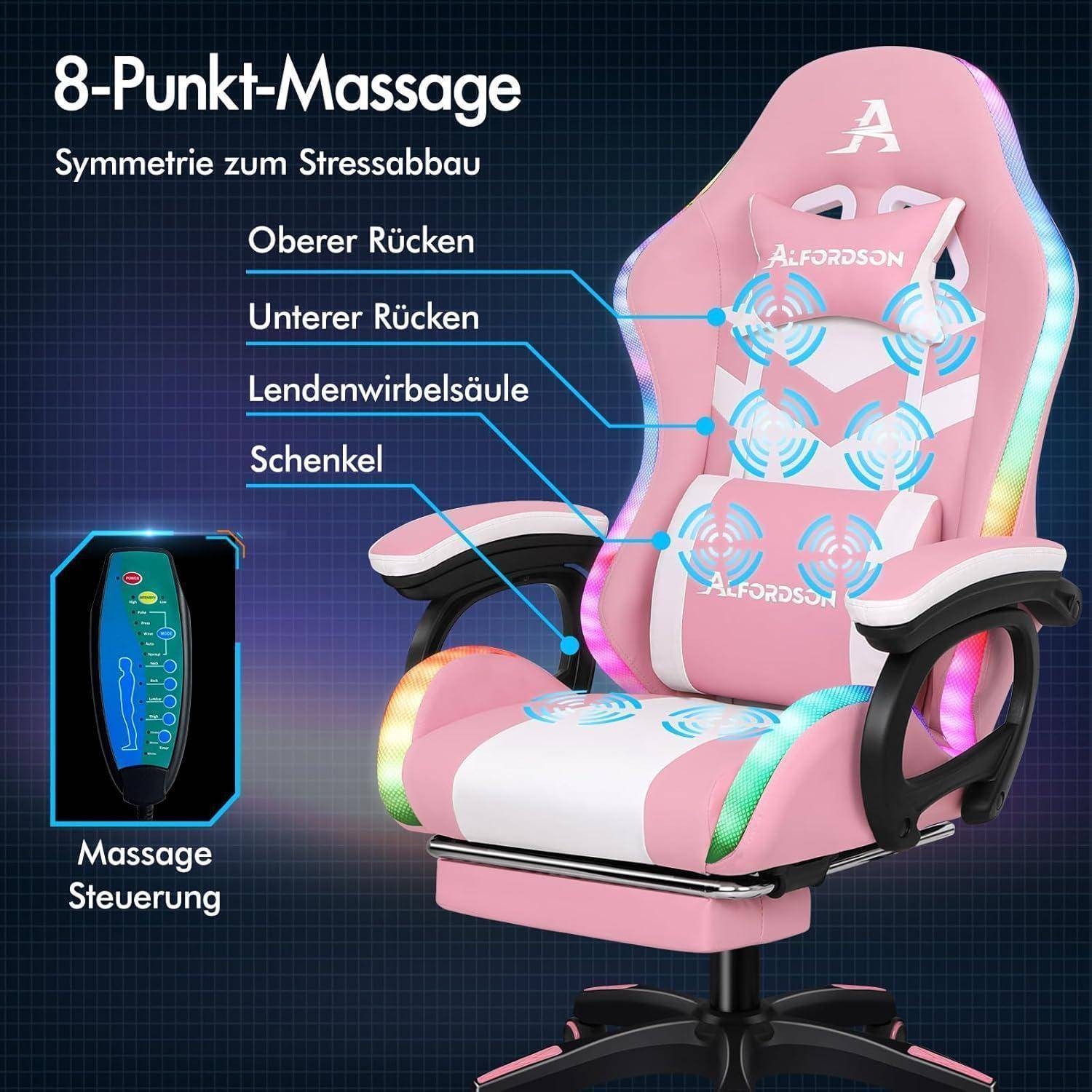 Gaming-Stuhl mit Massagefunktion, hervorgehoben durch '8-Punkt-Massage' Zonen: oberer Rücken, unterer Rücken, Lendenwirbelsäule, Oberschenkel. Inklusive Fernbedienung für Massageeinstellungen.
