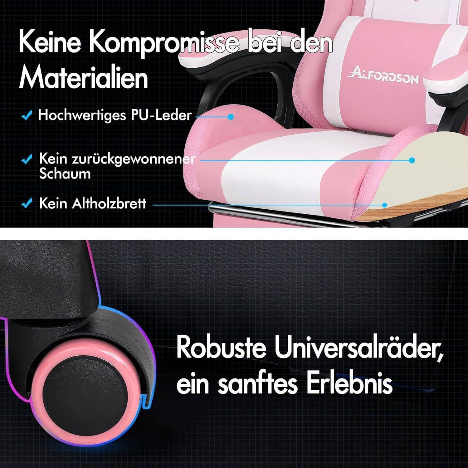 Gamer Stuhl Ergonomisch mit Massagefunktion und USB-Anschluss, Rosa