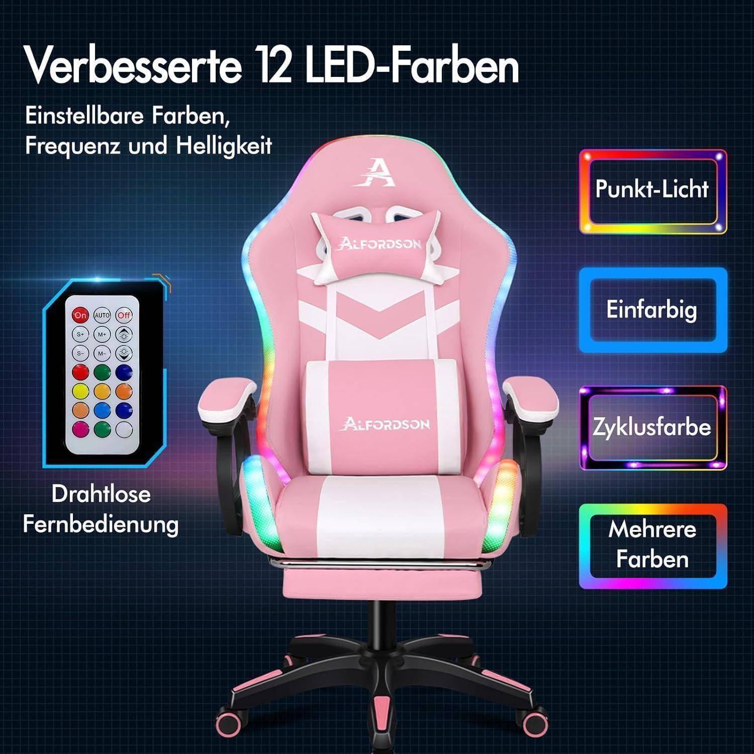 Ein Gaming-Stuhl mit einstellbaren 12 LED-Farben wird präsentiert. Zu den Funktionen gehören drahtlose Fernbedienung und verschiedene Farbmodi, die auf Deutsch beschriftet sind.