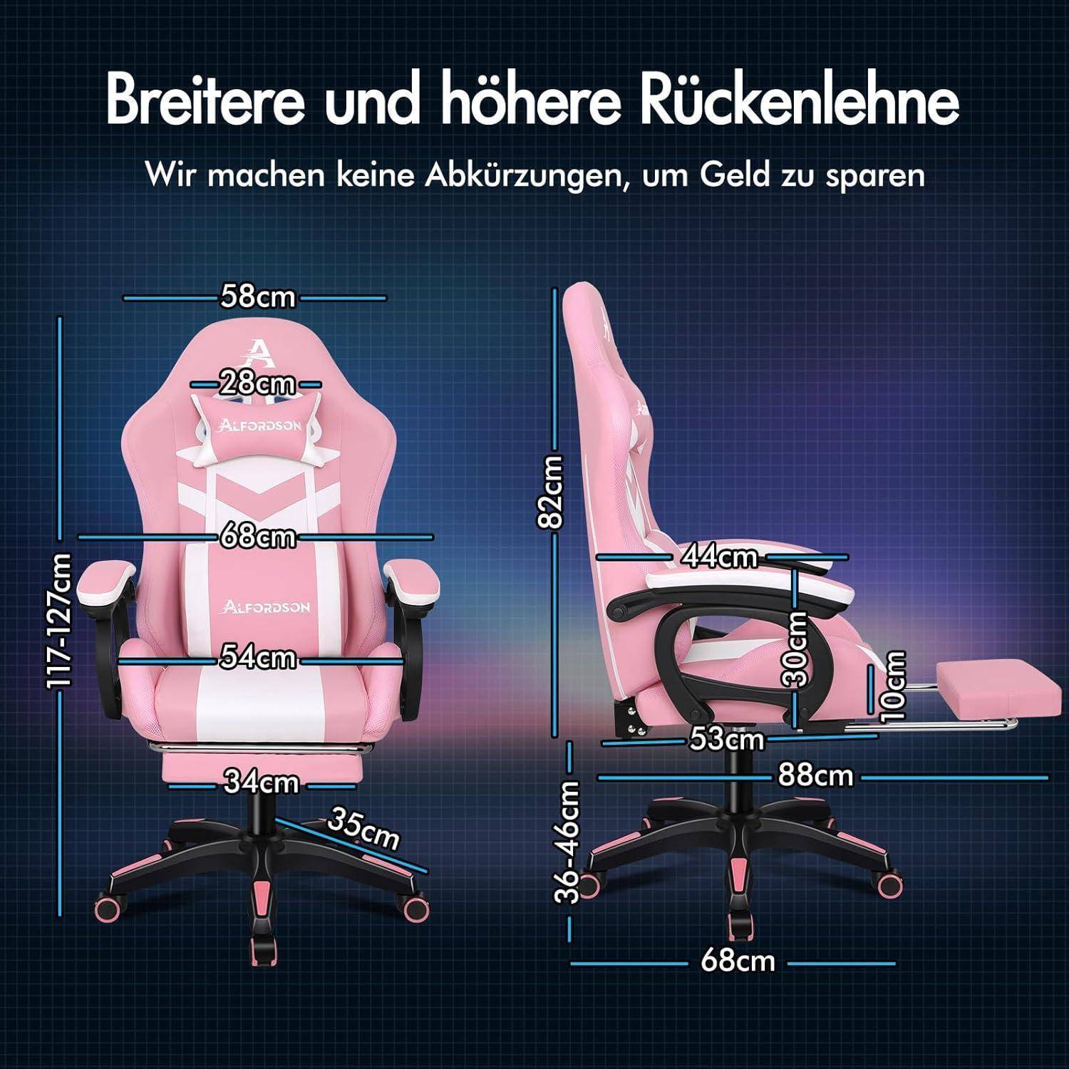 Rosa ergonomischer Gaming-Stuhl mit beschrifteten Abmessungen. Ausgestattet mit breiterer, höherer Rückenlehne und ausziehbarer Fußstütze. Stuhl in der Höhe verstellbar.