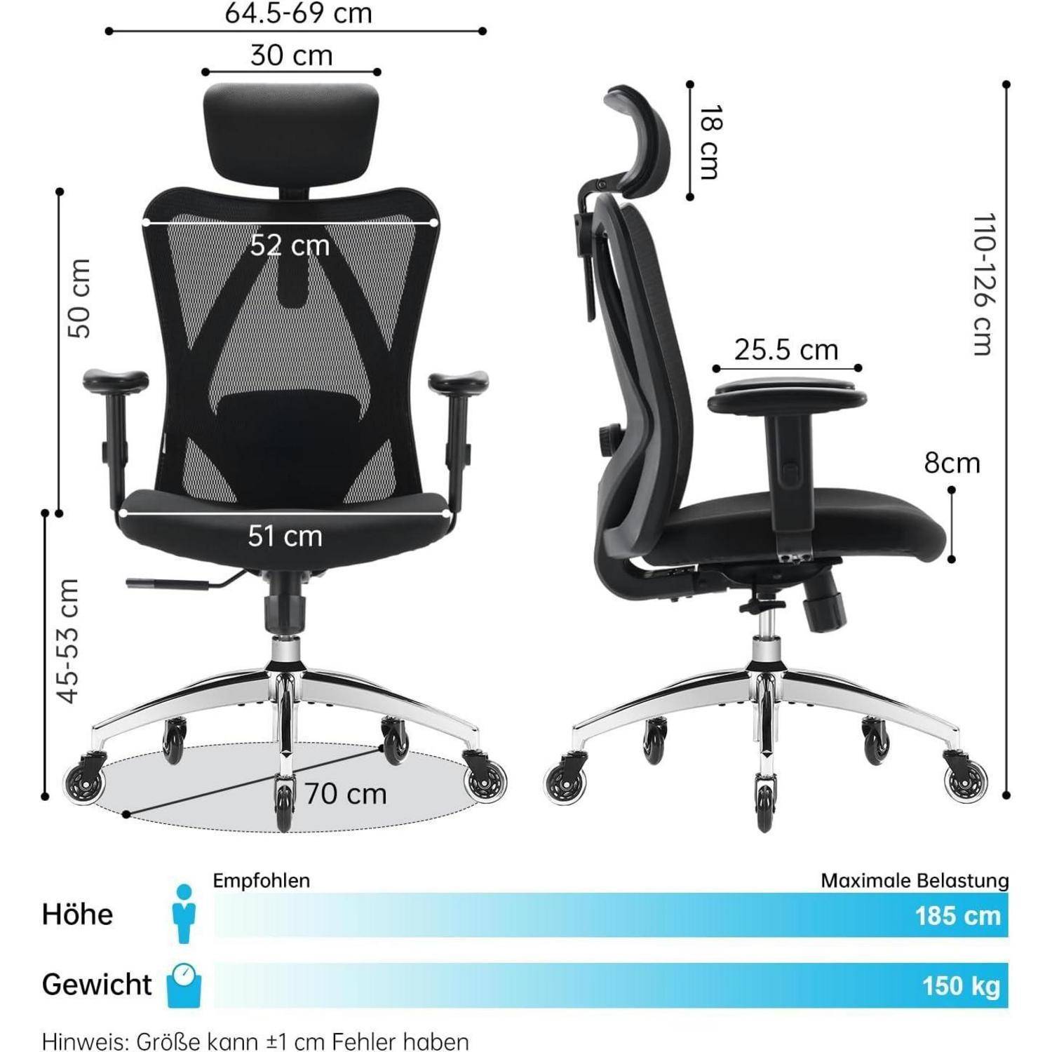 Bürostuhl mit verstellbarer Kopfstütze, Armlehnen und Sitzhöhe. Abmessungen: Höhe 110-126 cm, Sitzbreite 52 cm, Tiefe 51 cm. Maximale Belastbarkeit 185 kg.