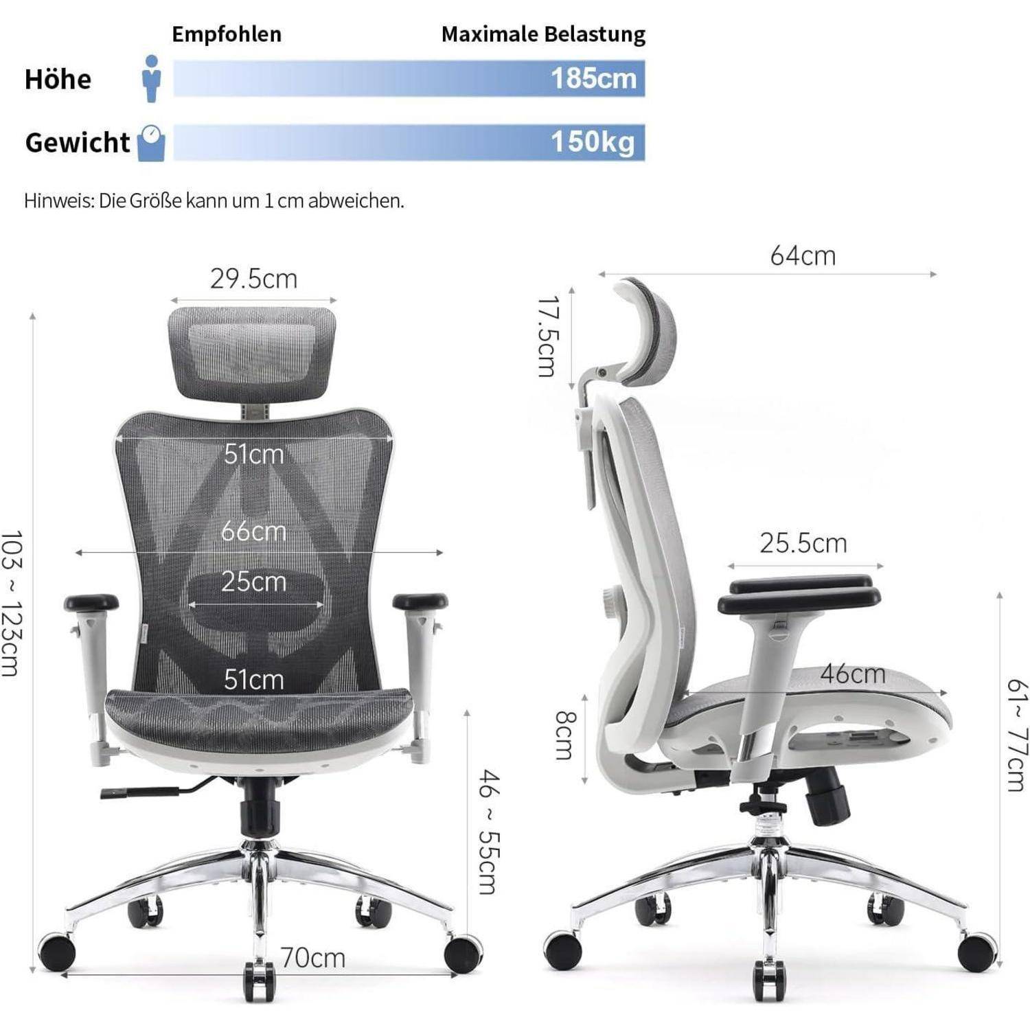 Mesh-Bürostuhl mit verstellbarer Kopfstütze und Armlehnen. Maximale Tragfähigkeit 150 kg, empfohlene Höhe bis zu 185 cm. Abmessungen: Sitzbreite 51 cm, Tiefe 66 cm, Rückenlehne 66 cm.