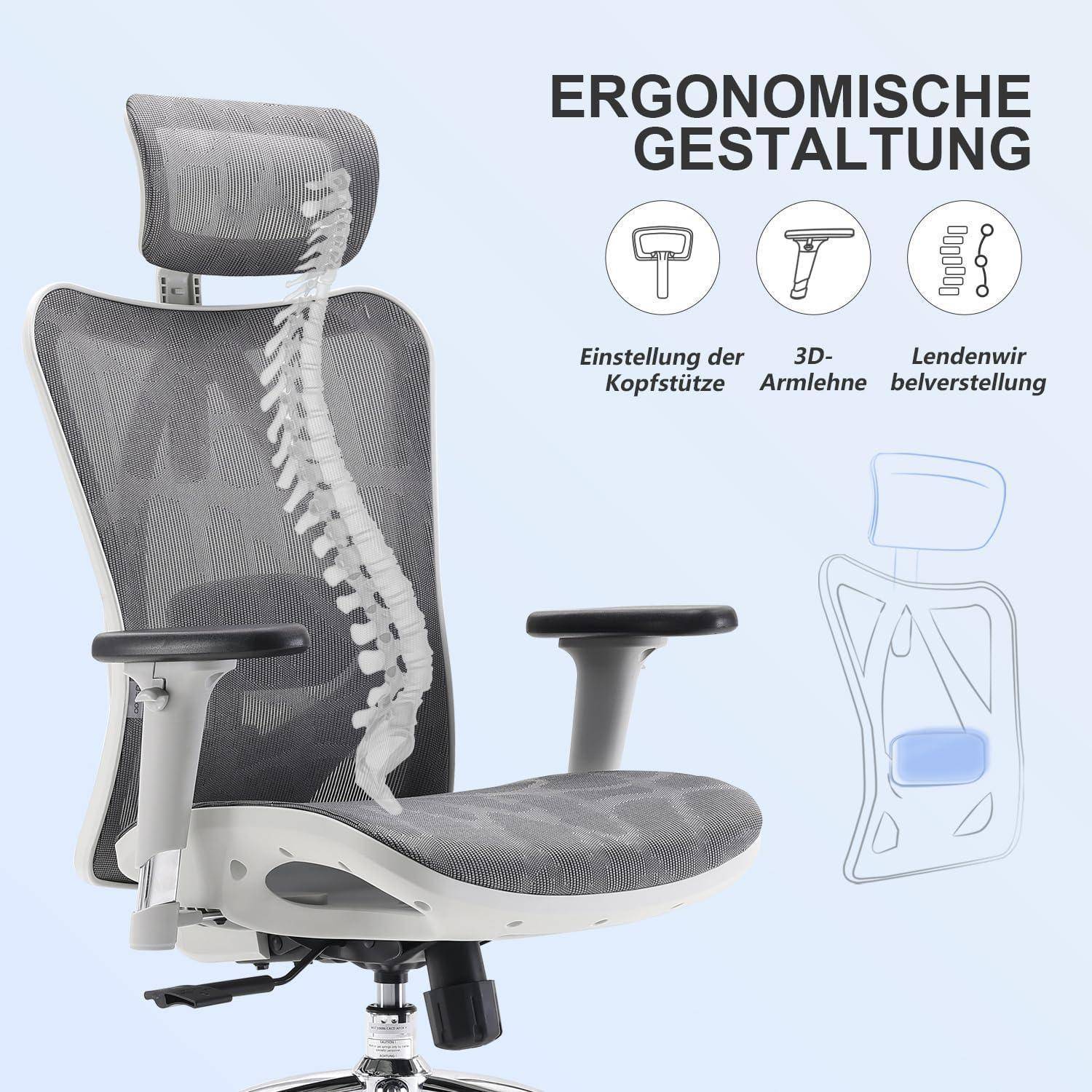 Ergonomischer Bürostuhl mit verstellbarer Kopfstütze, 3D-Armlehnen, Lendenwirbelstütze und Wirbelsäulen-Illustration, die das ergonomische Design veranschaulicht. Text lautet 'ERGONOMISCHE GESTALTUNG'.