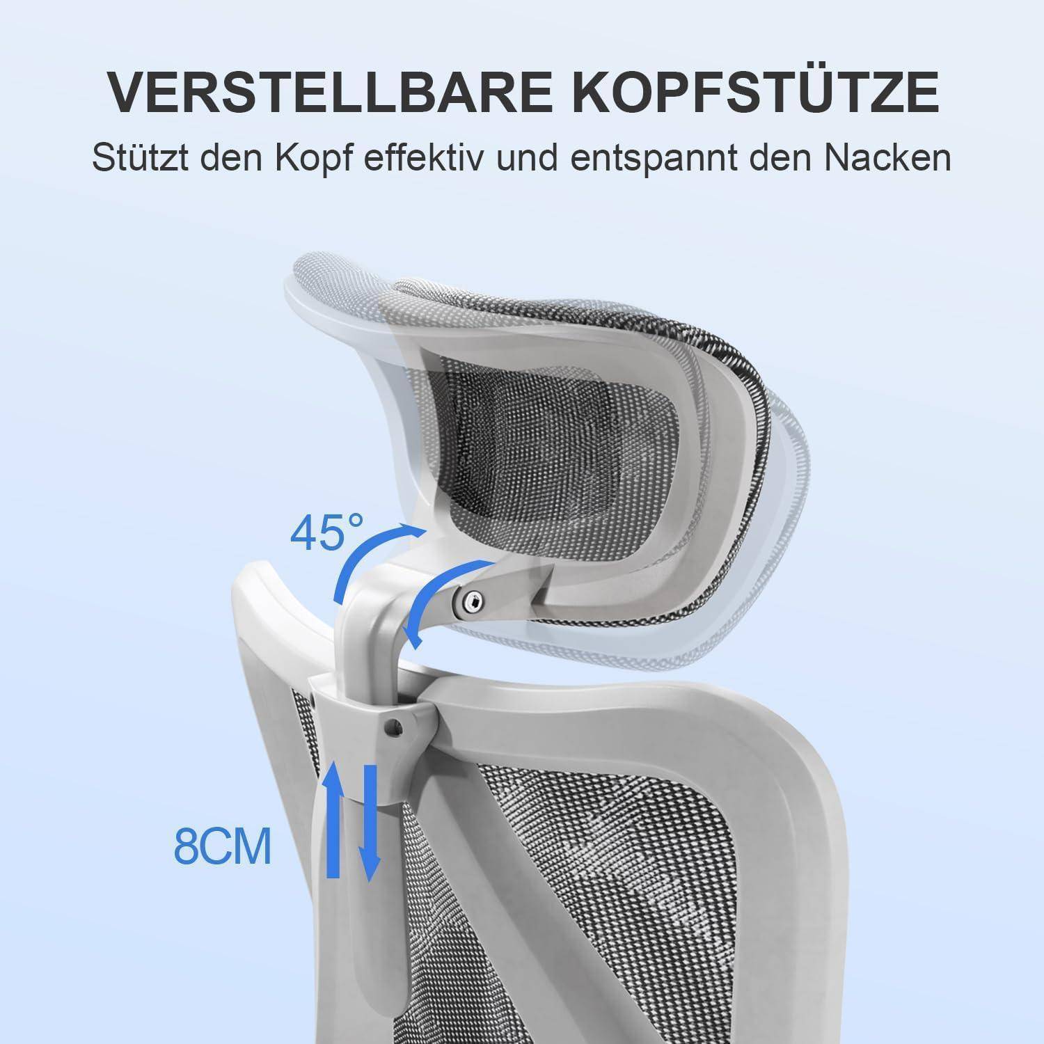 Ein Bürostuhl mit verstellbarer Kopfstütze wird gezeigt. Sie kann um 45 Grad geneigt und vertikal um 8 cm bewegt werden, wodurch Kopf- und Nackenstütze gewährleistet wird.