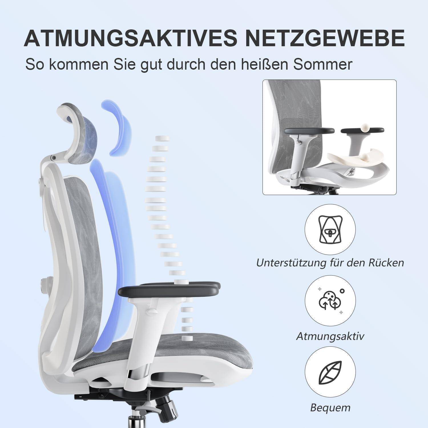 Ein ergonomischer Bürostuhl mit atmungsaktivem Netzgewebe, der seine Rückenstütze und Komfortmerkmale präsentiert, ideal für heiße Sommertage.