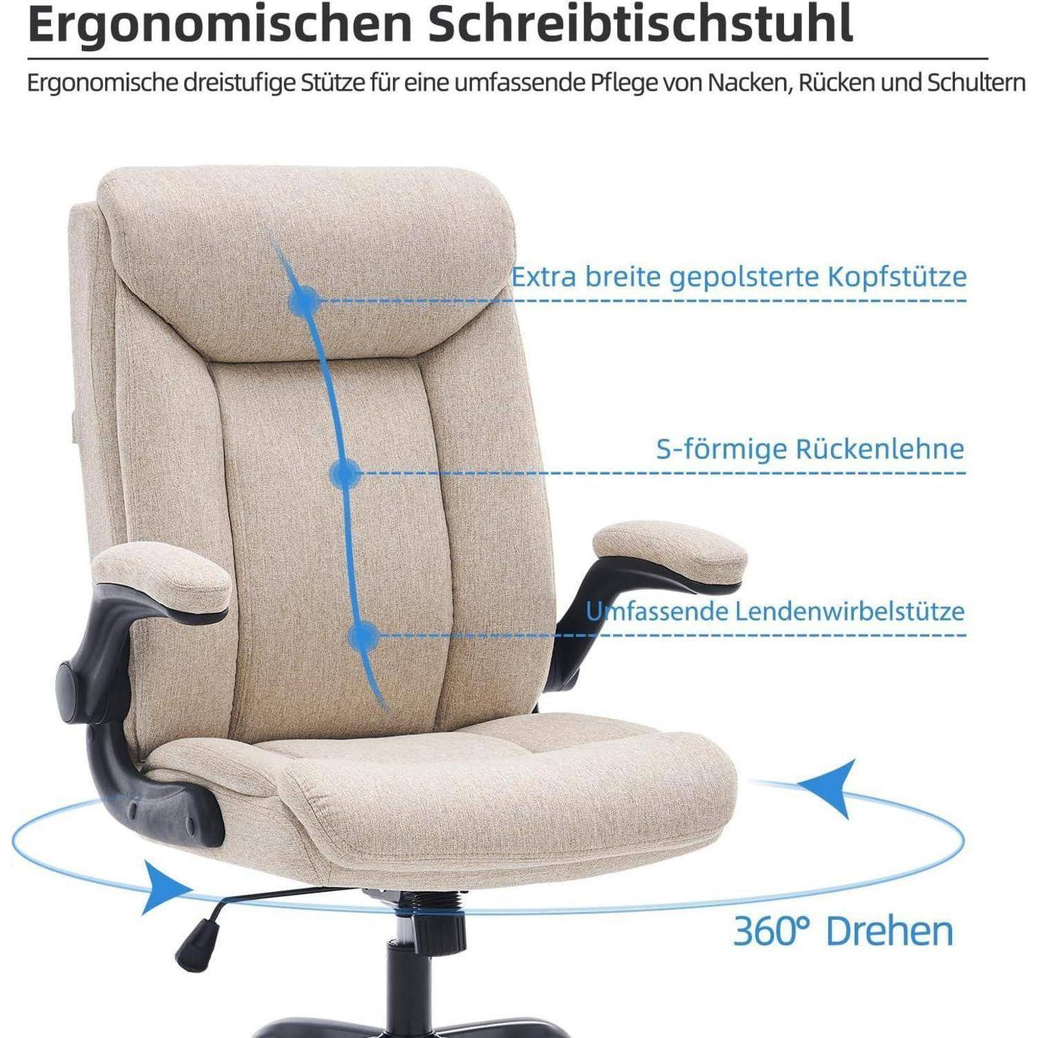 Ergonomischer Bürostuhl mit Funktionen: breite gepolsterte Kopfstütze, S-förmige Rückenlehne, Lendenwirbelstütze und 360° Drehfunktion. Beige Farbe.