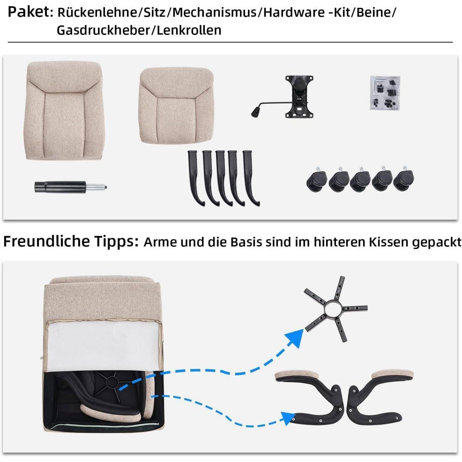 Ergonomischer Bürostuhl Drehbarer Schreibtischstuhl Gaming Beige Stoff