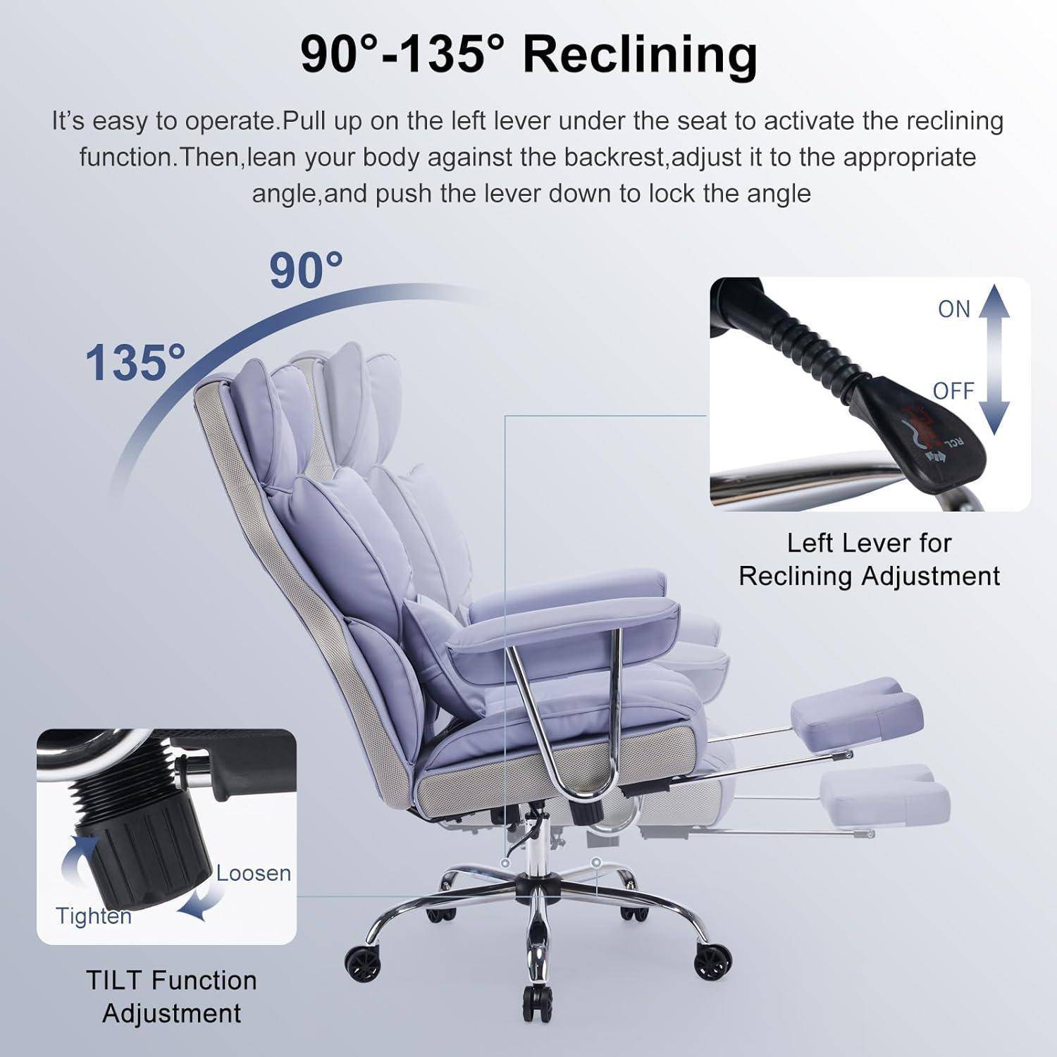 Bürostuhl mit verstellbarer Rückenlehne von 90° bis 135°, linker Hebel zum Zurücklehnen, Kippfunktion mit Einstellrad, ergonomisches Design.