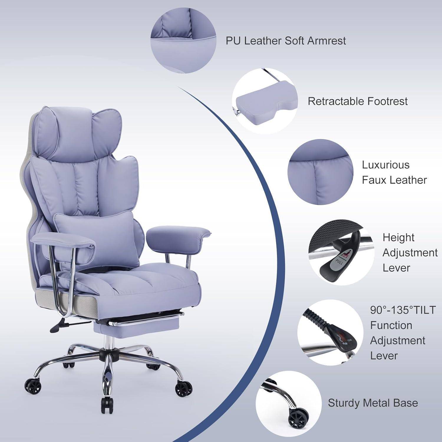 Ergonomischer Bürostuhl mit PU-Leder-Armlehnen, ausziehbarer Fußstütze, höhenverstellbar, Wippfunktion und robuster Metallbasis.