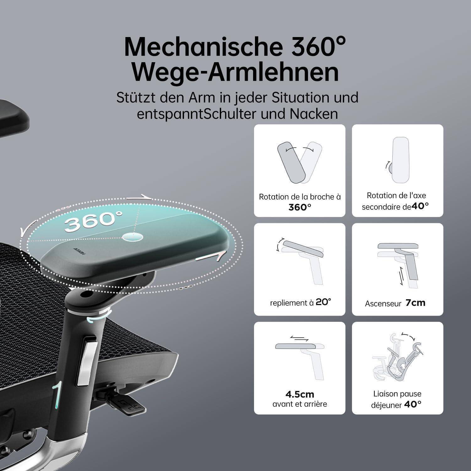 Mechanische 360° Wege-Armlehne ermöglicht Rotation und Verstellung in verschiedenen Positionen für Komfort in Schultern und Nacken.