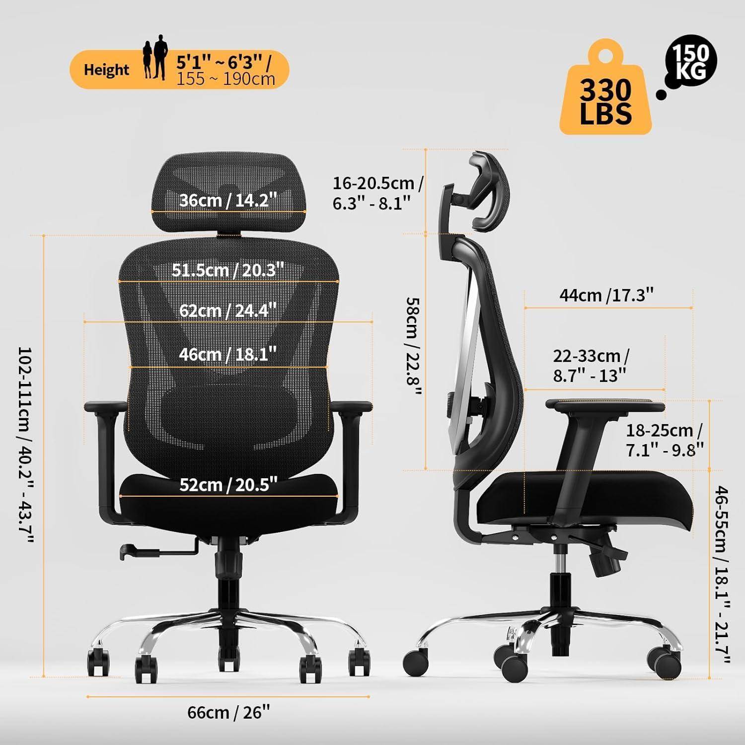 Ergonomischer Bürostuhl mit Netzrücken, höhenverstellbar, geeignet für Benutzer zwischen 1,55 m und 1,90 m, unterstützt bis zu 150 kg, Abmessungen sichtbar.