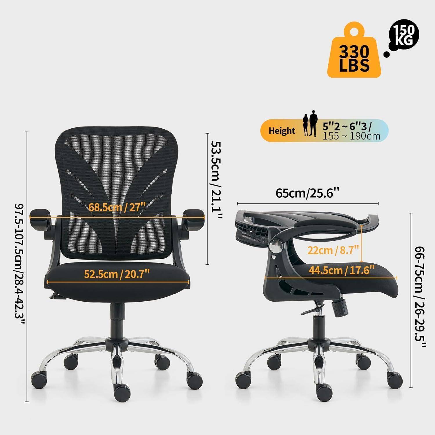 Bürostuhl mit Netzrücken und Armlehnen, höhenverstellbar von 97,5-107,5 cm, geeignet für Personen von 1,55-1,90 m, Gewichtslimit 150 kg.