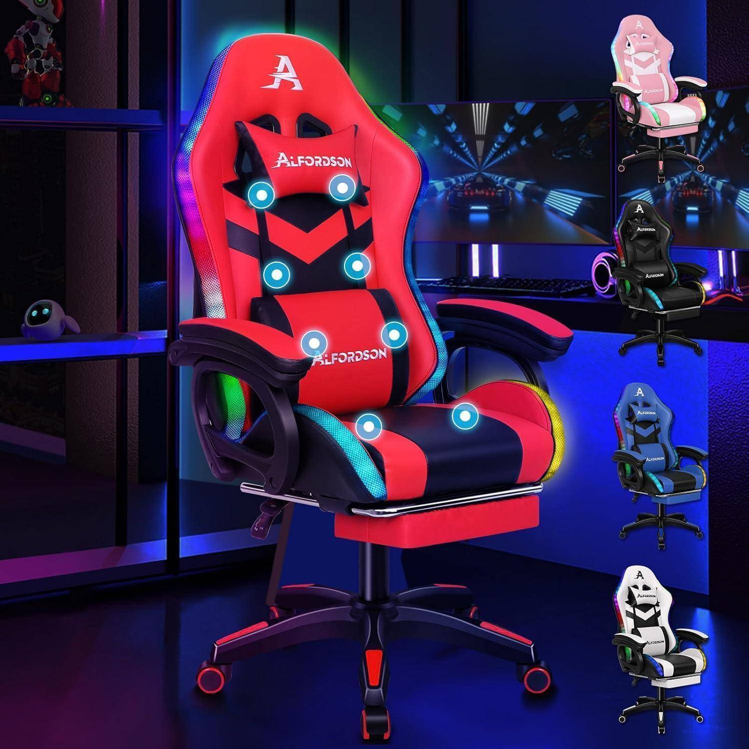 Ein roter und schwarzer Gaming-Stuhl mit LED-Beleuchtung und ergonomischem Design wird prominent präsentiert. Kleinere Stühle in verschiedenen Farben sind seitlich zu sehen.