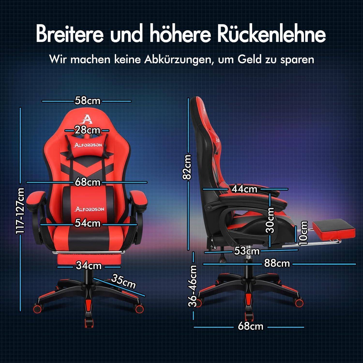 Das Bild zeigt einen Gaming-Stuhl mit Maßangaben in Zentimetern und hebt Merkmale wie Breite, Höhe und verstellbare Komponenten hervor. Der deutsche Text bewirbt Komfort und Qualität.