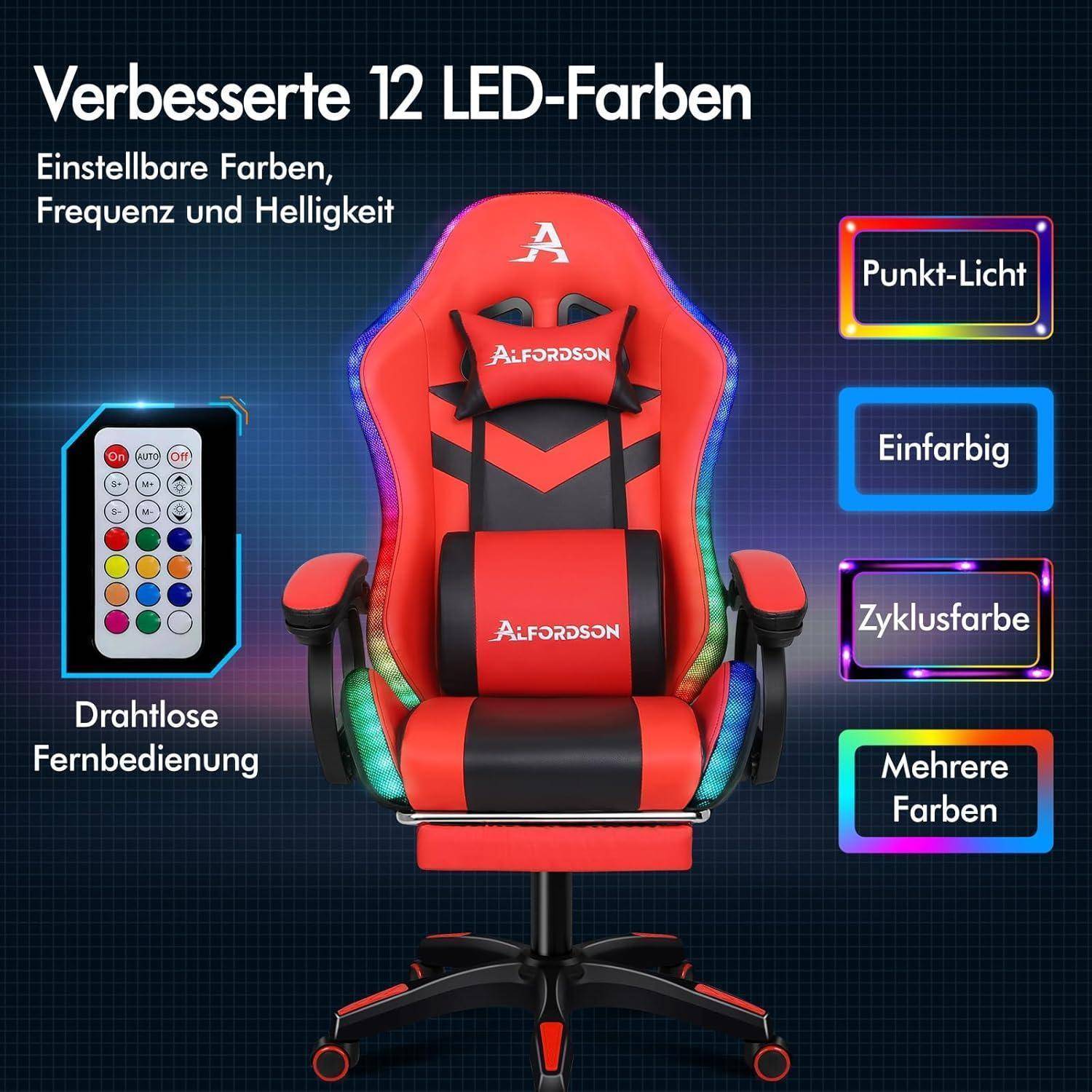 Gaming-Stuhl mit verstellbaren LED-Leuchten, Fernbedienung und Optionen: 'Punktlicht', 'Einfarbig', 'Farbzyklus', 'Mehrfarbig