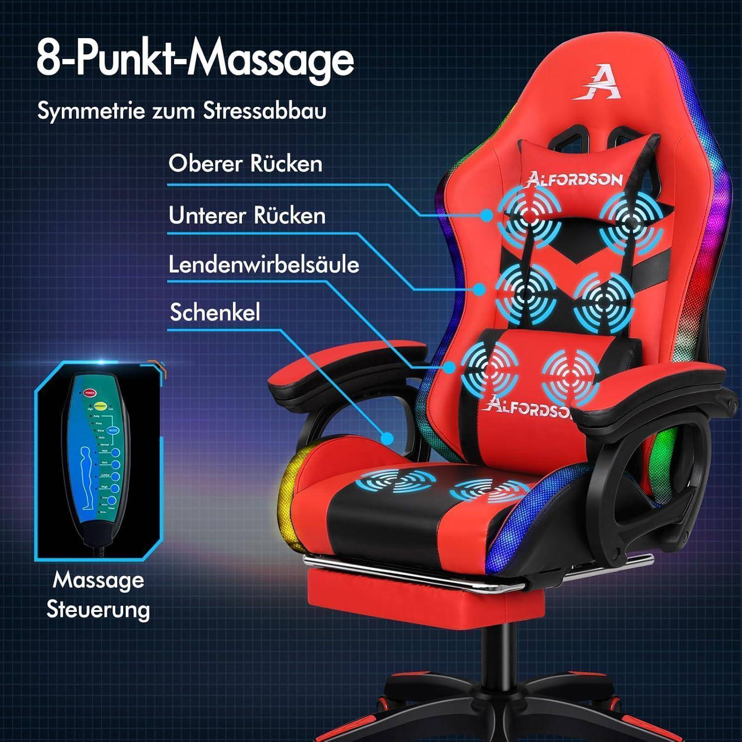 Ein Massagesessel mit Acht-Punkt-Massagefunktionen wird präsentiert. Er zielt auf den oberen Rücken, unteren Rücken, die Lendenwirbelsäule und die Beine ab. Der Sessel verfügt über farbige Beleuchtung und ein Bedienfeld zur Einstellungsanpassung.
