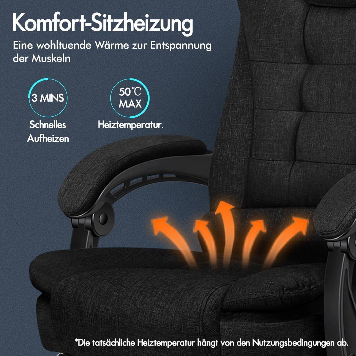 Eine Komfort-Sitzheizung bietet warmen Komfort in 3 Minuten und erreicht eine Höchsttemperatur von 50°C, mit Fokus auf Muskelentspannung.