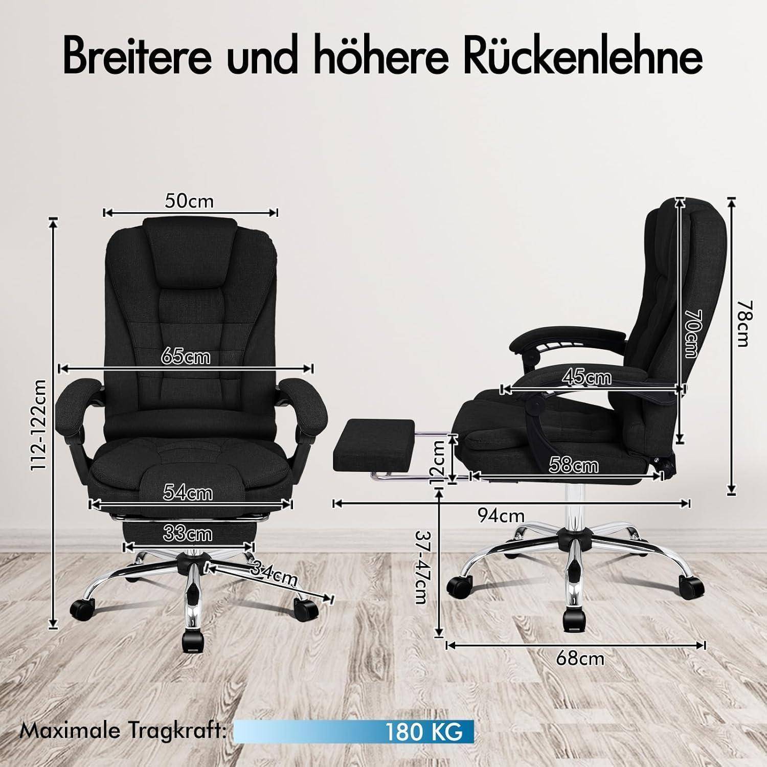 Breitere und höhere Rückenlehne.' Bürostuhl-Abmessungen: Sitzbreite 54 cm, Höhe 112-122 cm, Armlehnen-Höhe 45 cm, Tragfähigkeit 180 kg.