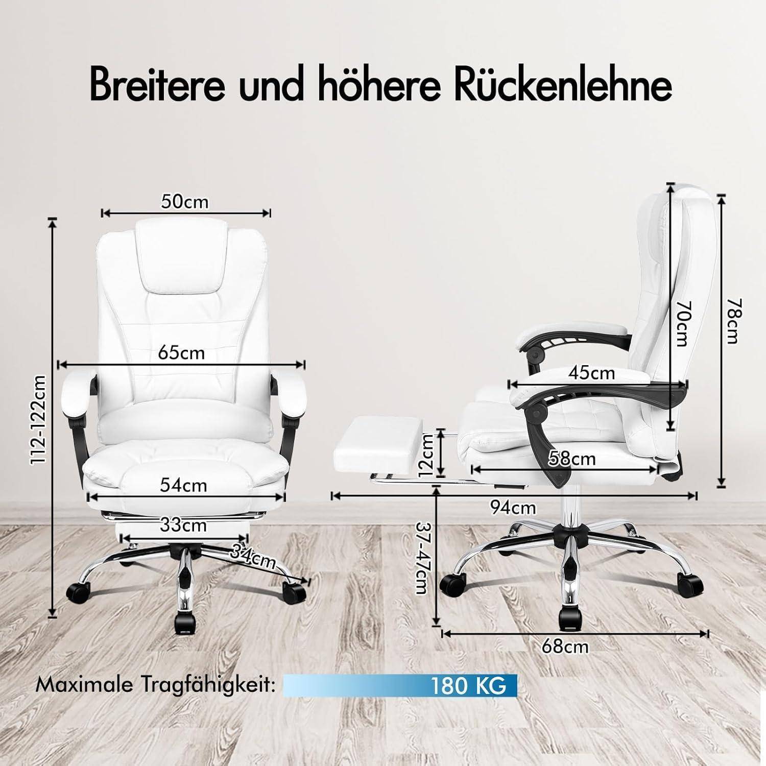 Weißer Bürostuhl mit beschrifteten Abmessungen: Höhe 112-122 cm, Sitzbreite 50 cm und Tragfähigkeit 180 kg. Geeignet für ergonomische Unterstützung.