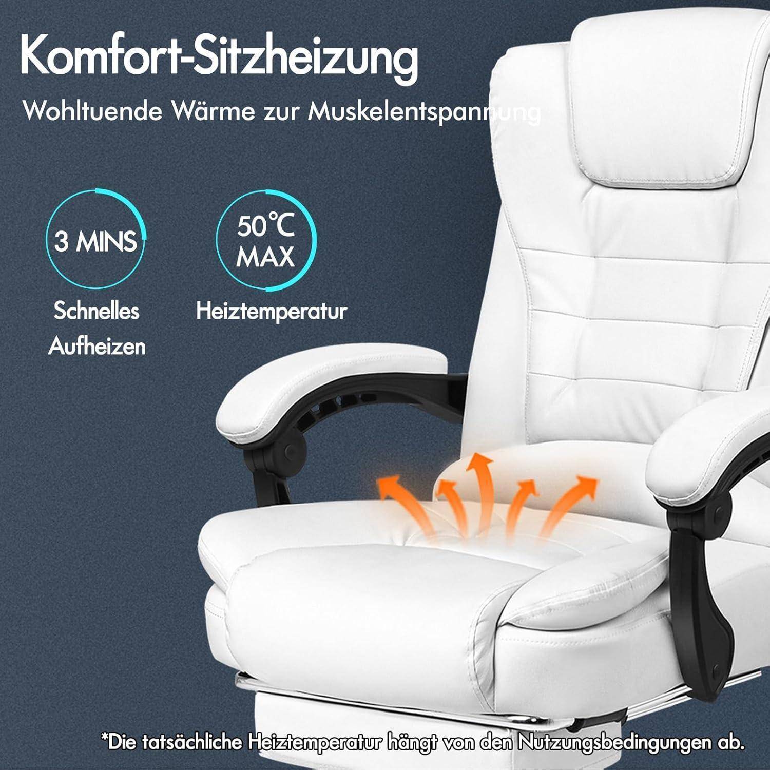 Weißer Bürostuhl mit Heizfunktion; erhitzt sich in 3 Minuten auf 50°C zur Muskelentspannung, wie durch orange Wärmeindikatoren angezeigt.